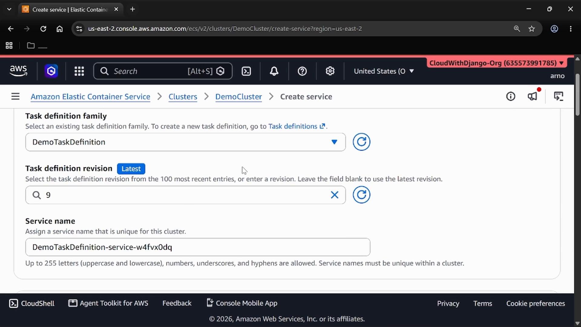 Screenshot of the Amazon Elastic Container Service "Create service" page in a browser, showing the Task definition family set to "DemoTaskDefinition" and the Task definition revision field. A generated service name ("DemoTaskDefinition-service-...") is visible further down the form.