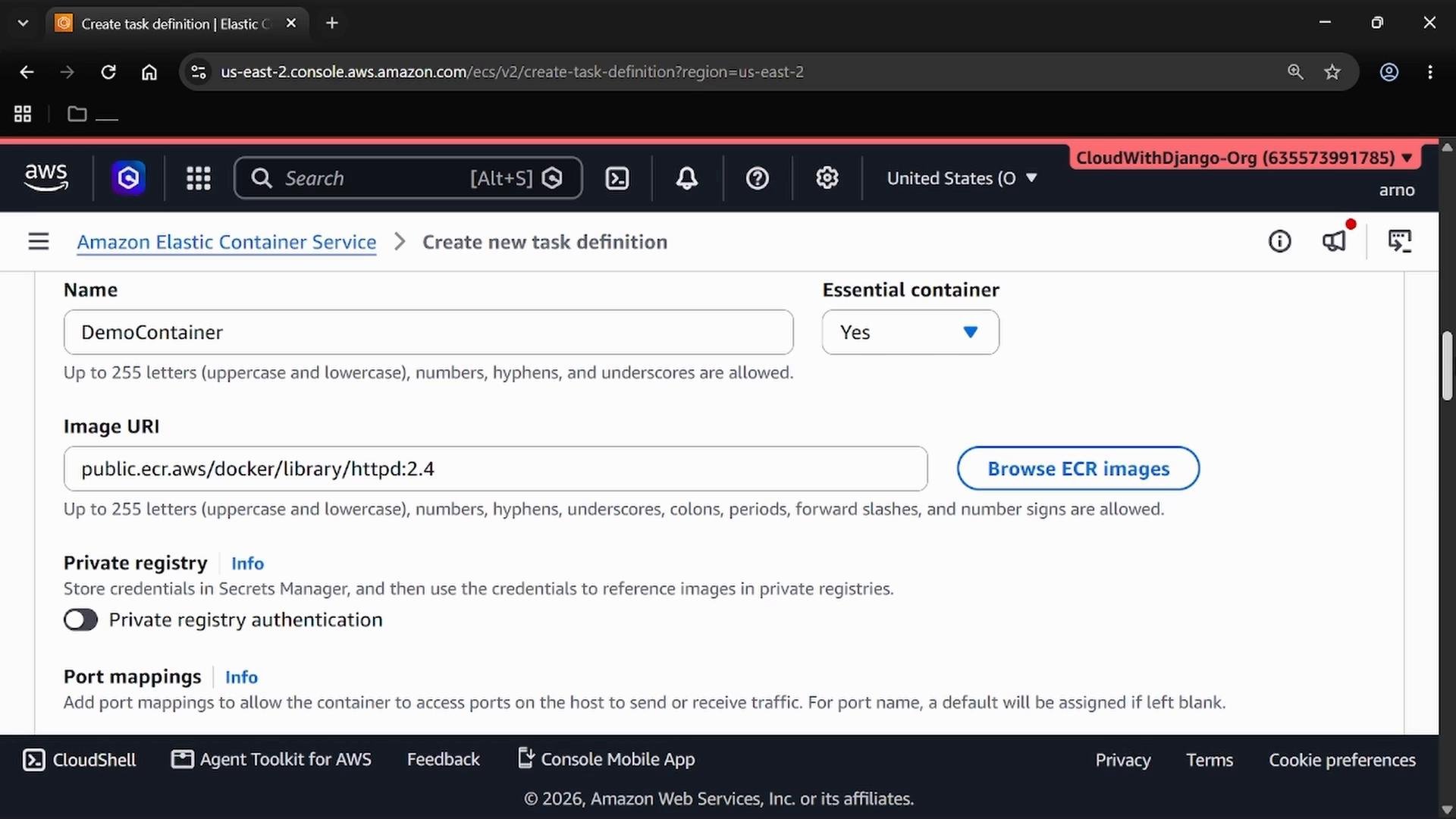 A screenshot of the Amazon Elastic Container Service "Create new task definition" page showing a container named "DemoContainer" with the Image URI set to "public.ecr.aws/docker/library/httpd:2.4". The Essential container option is set to "Yes" and registry/port mapping options are visible.