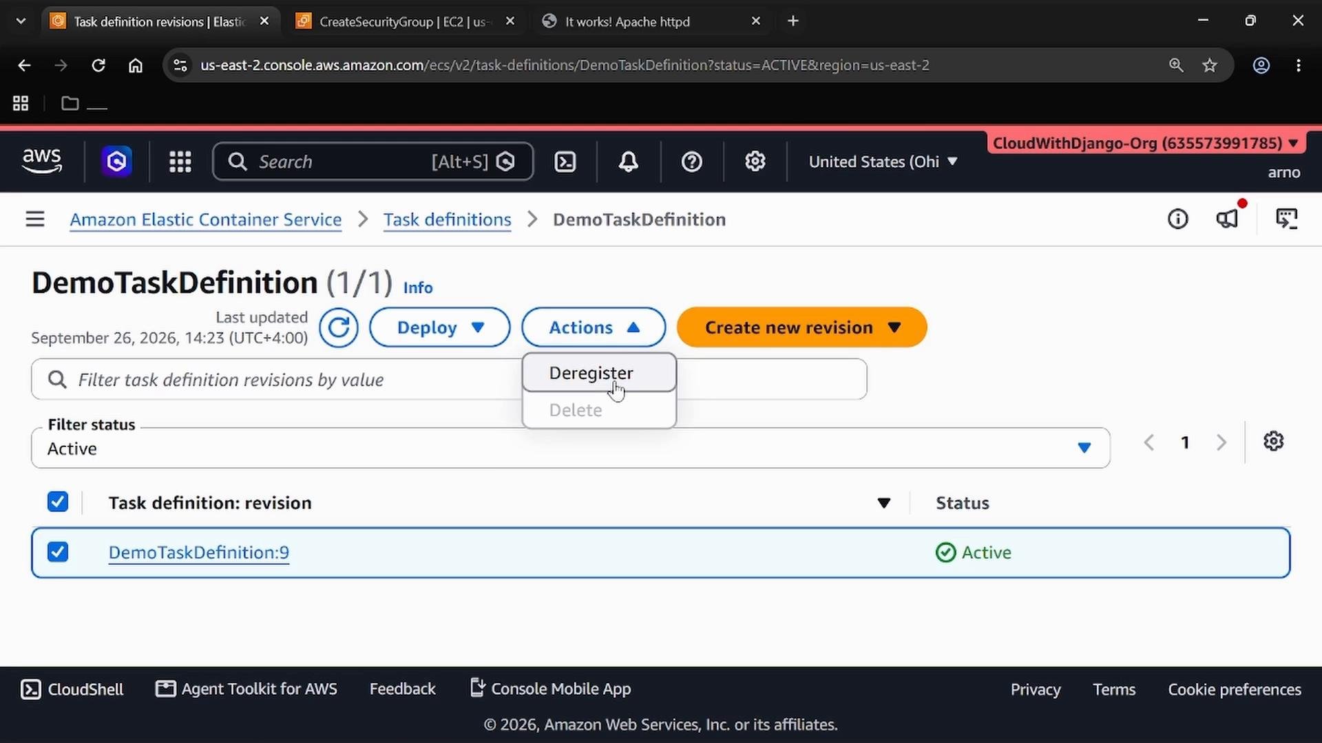 Screenshot of the AWS Elastic Container Service Task Definitions page for "DemoTaskDefinition," showing the Actions menu with "Deregister" selected and the revision DemoTaskDefinition:9 marked Active. The Deploy and Create new revision buttons are also visible.