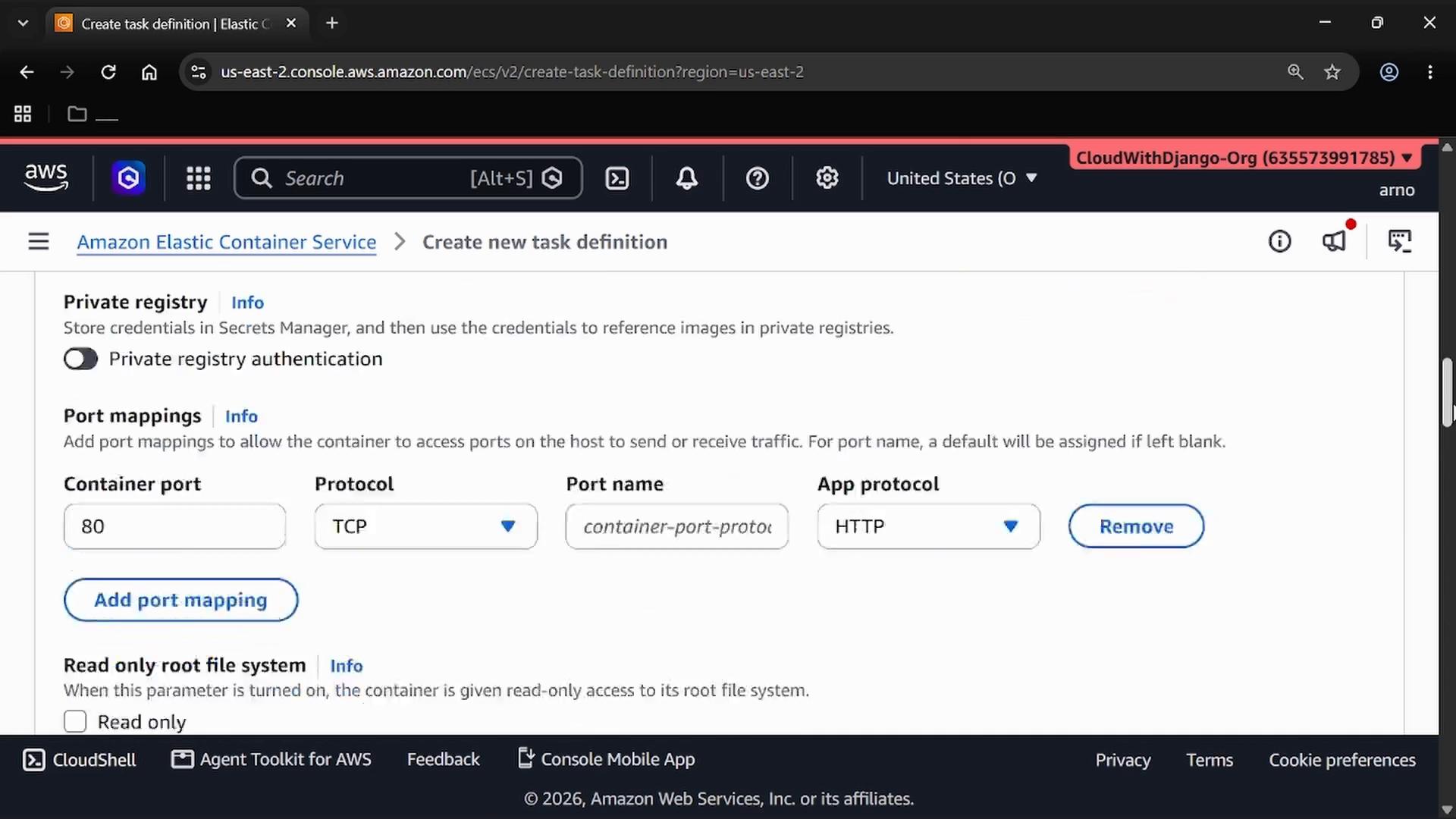 Screenshot of the AWS Amazon Elastic Container Service "Create new task definition" page. It shows a private registry authentication toggle and port mapping fields set to container port 80, protocol TCP, and app protocol HTTP.