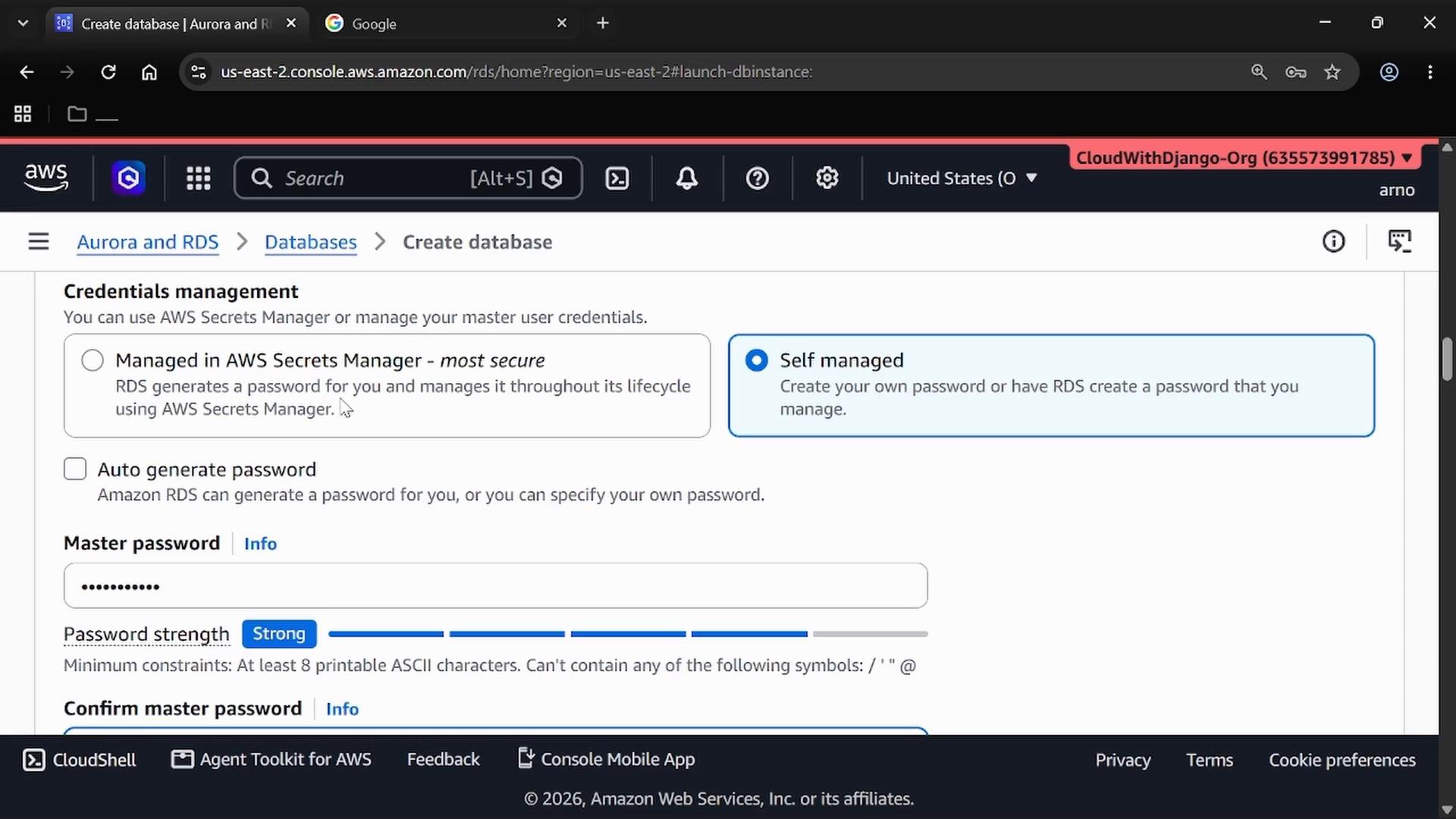 Screenshot of the AWS RDS "Create database" page showing the Credentials management section with options for "Managed in AWS Secrets Manager" or "Self managed," plus fields for master password and a password strength bar. The browser tab and AWS account banner are visible along the top.