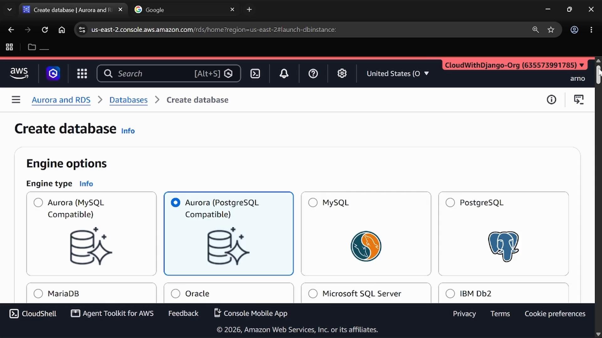 A screenshot of the AWS RDS "Create database" console showing engine options. The Aurora (PostgreSQL-compatible) engine is selected among other choices like MySQL and PostgreSQL.