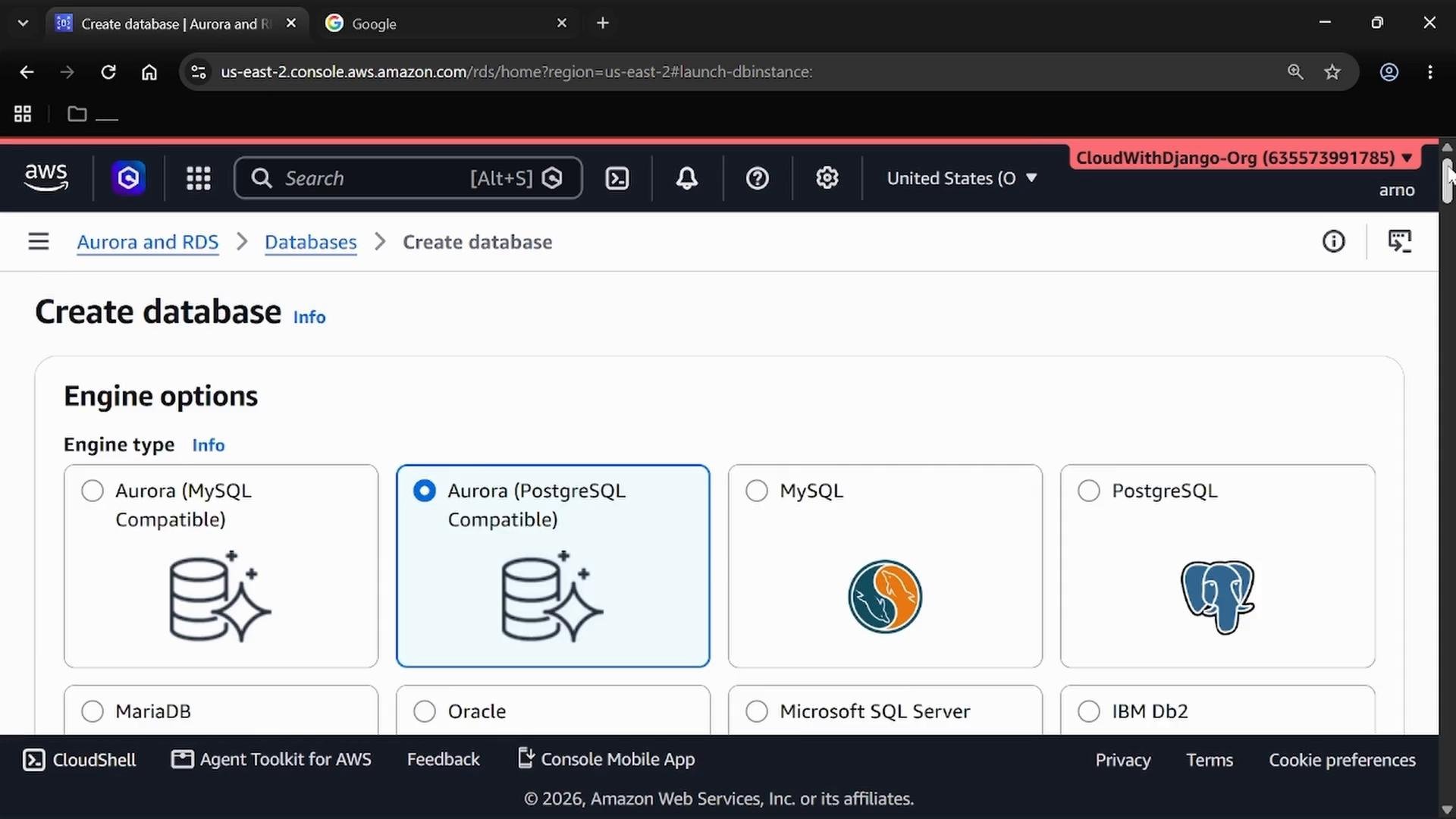 A screenshot of the AWS RDS "Create database" console showing engine options. The Aurora (PostgreSQL-compatible) engine is selected among other choices like MySQL and PostgreSQL.