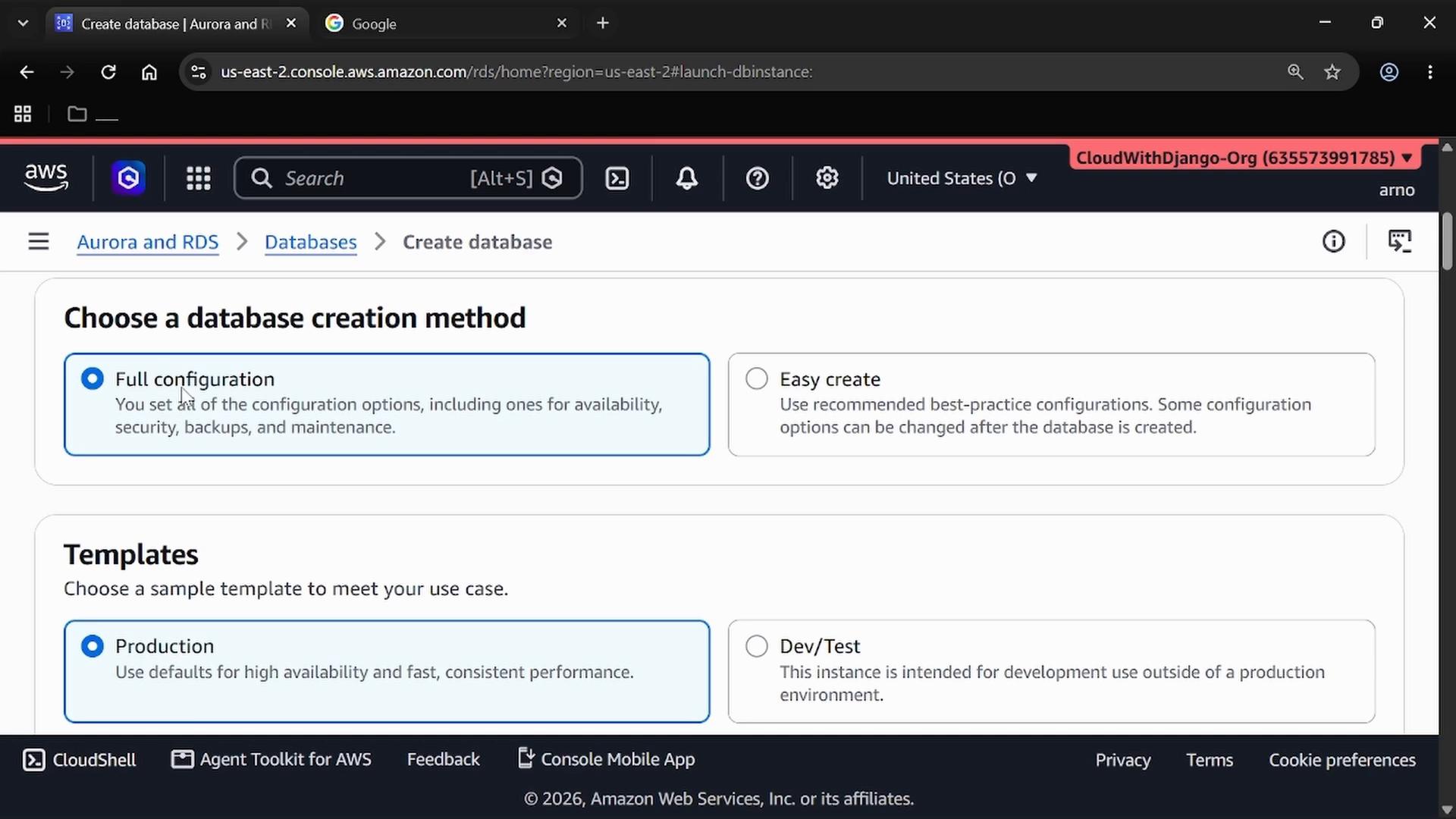 A screenshot of the AWS RDS/Aurora "Create database" page showing database creation method options with "Full configuration" selected. The lower section shows template choices such as "Production" and "Dev/Test."
