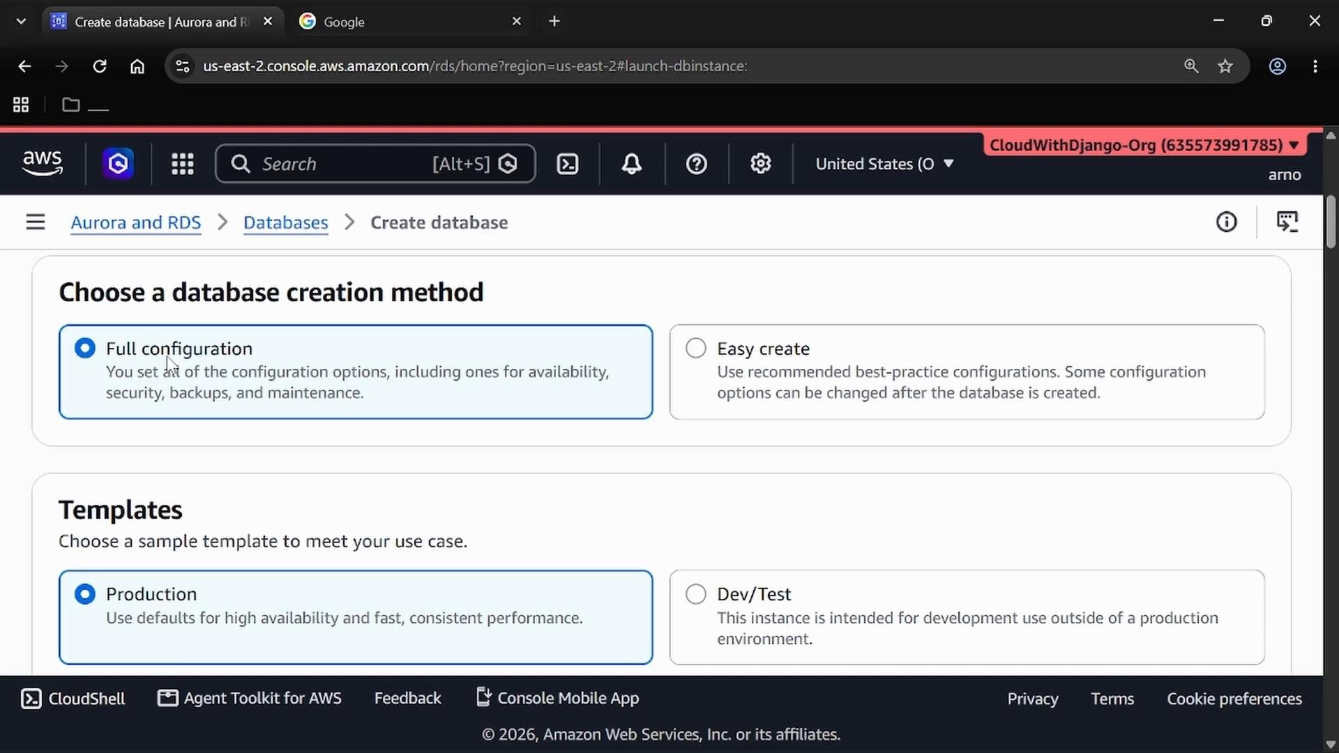 A screenshot of the AWS RDS/Aurora "Create database" page showing database creation method options with "Full configuration" selected. The lower section shows template choices such as "Production" and "Dev/Test."