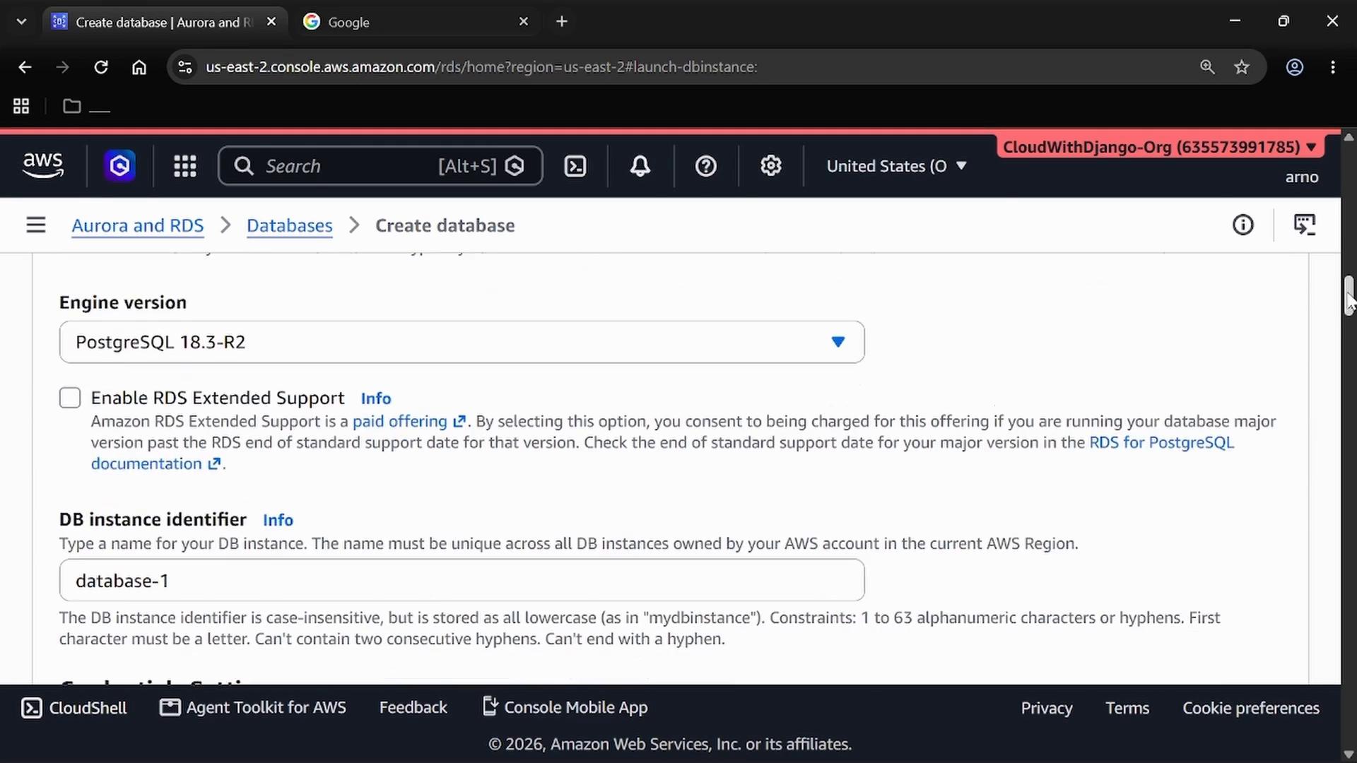 A screenshot of the AWS RDS "Create database" console showing the engine version set to PostgreSQL 18.3-R2 and a DB instance identifier field filled with "database-1", with an option to enable RDS Extended Support.
