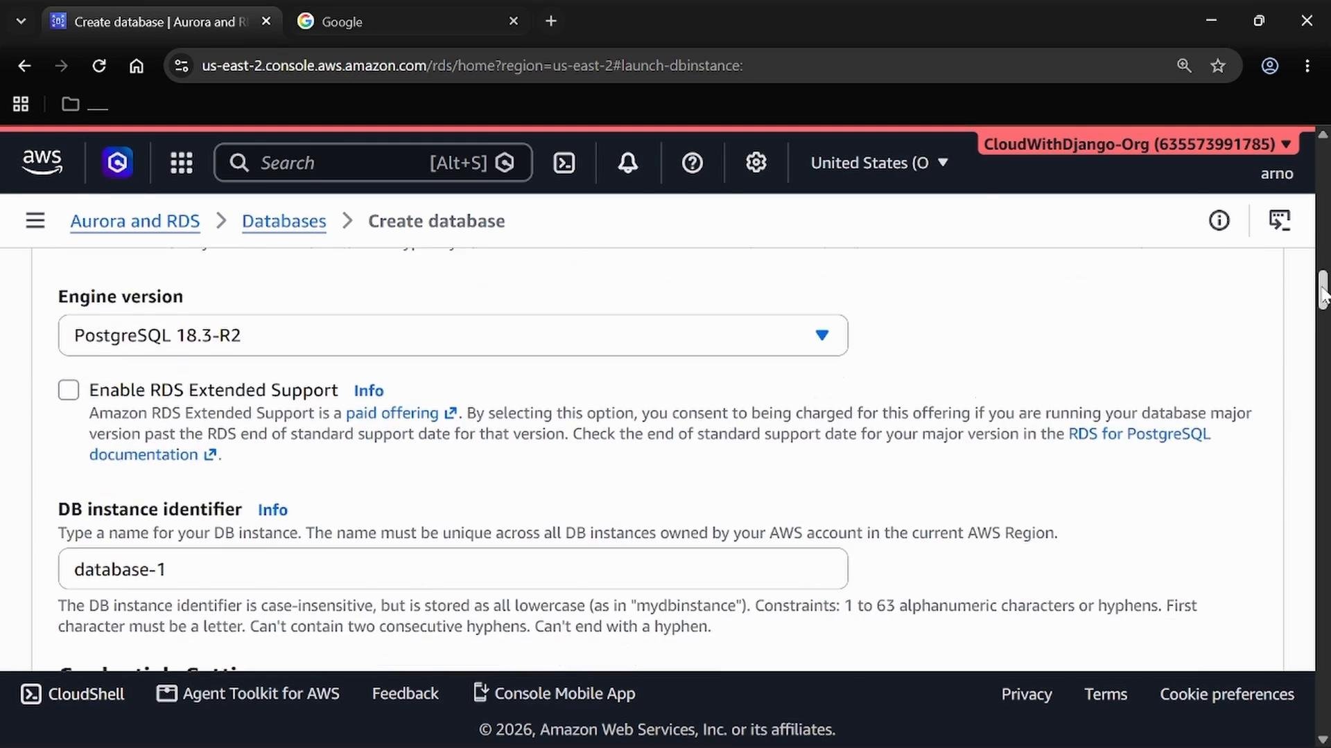 A screenshot of the AWS RDS "Create database" console showing the engine version set to PostgreSQL 18.3-R2 and a DB instance identifier field filled with "database-1", with an option to enable RDS Extended Support.