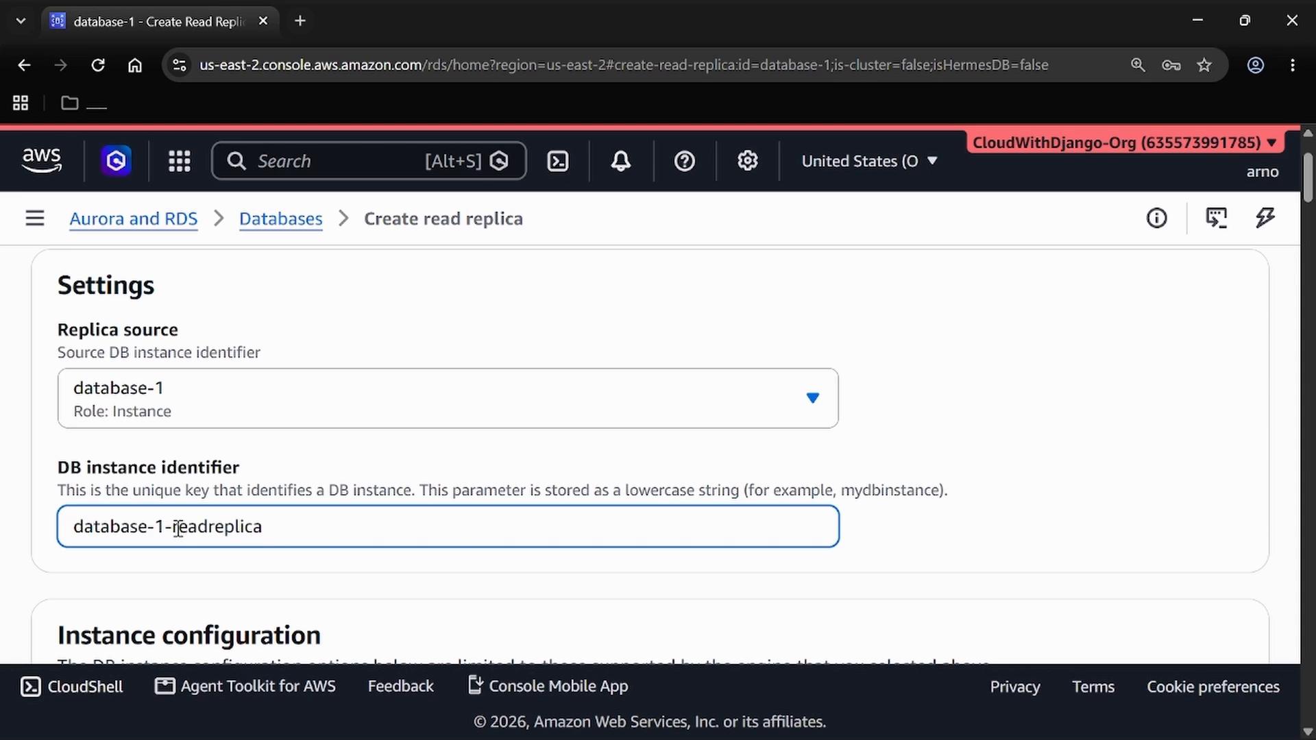 Screenshot of the AWS RDS "Create read replica" settings page, showing "database-1" as the replica source and the DB instance identifier field filled in as "database-1-readreplica."