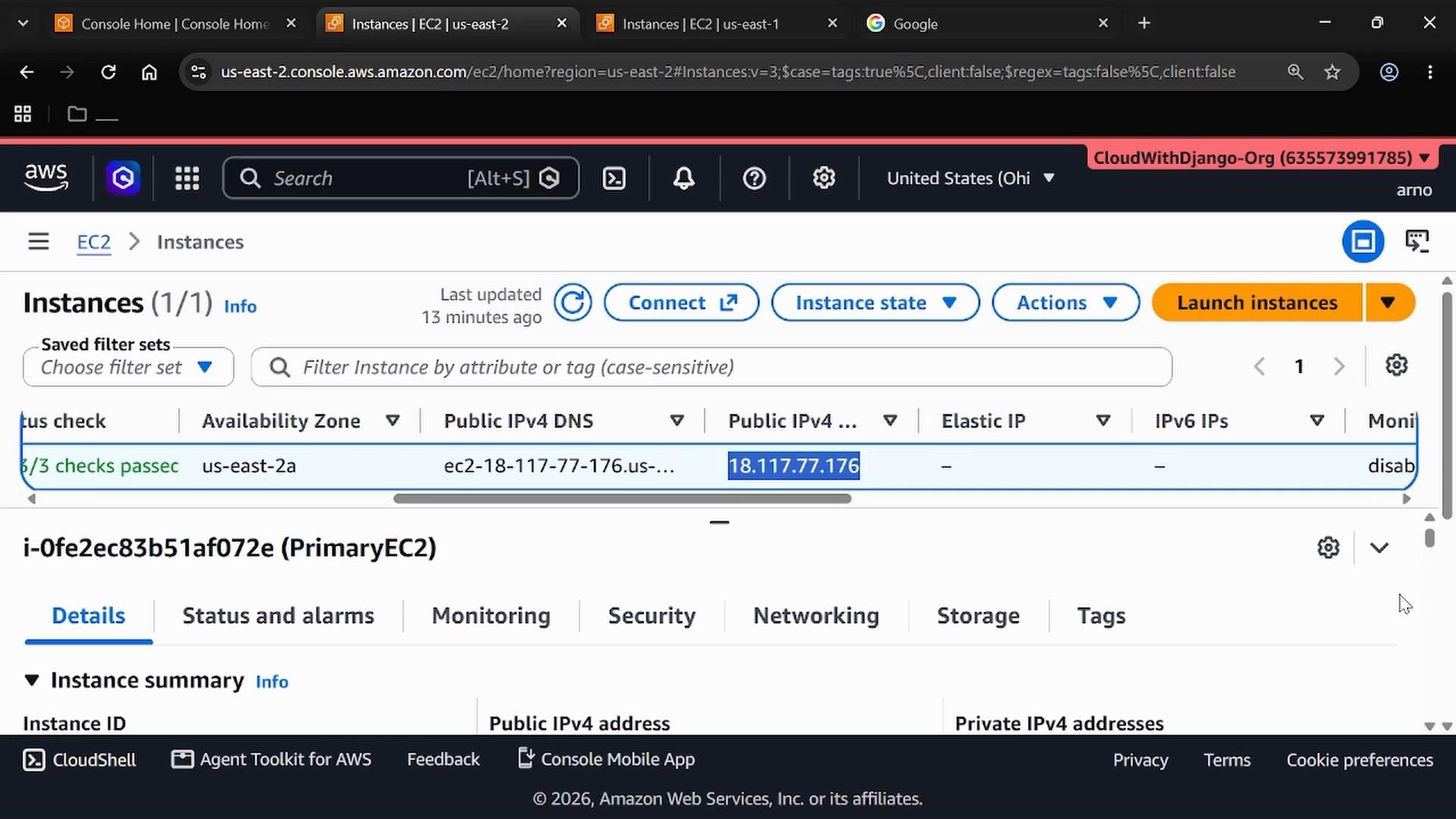 A screenshot of the AWS EC2 Instances page in the AWS Management Console showing a single instance in us-east-2a with its public IPv4 address (18.117.77.176) highlighted. The view shows instance details tabs (Details, Status and alarms, Monitoring, Security, Networking) and the "Launch instances" button.