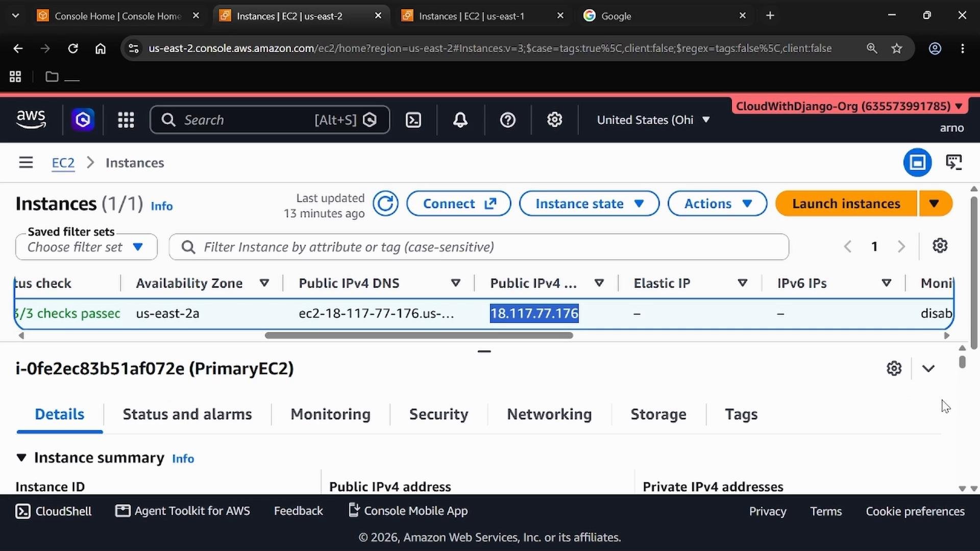 A screenshot of the AWS EC2 Instances page in the AWS Management Console showing a single instance in us-east-2a with its public IPv4 address (18.117.77.176) highlighted. The view shows instance details tabs (Details, Status and alarms, Monitoring, Security, Networking) and the "Launch instances" button.