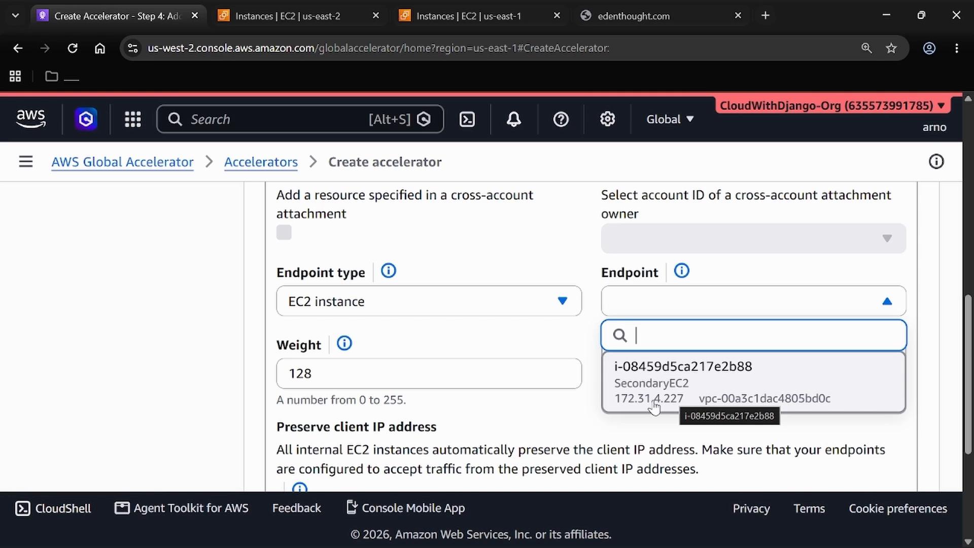 A screenshot of the AWS Global Accelerator "Create accelerator" console showing the form with Endpoint type set to "EC2 instance" and an EC2 instance ID selected from a dropdown. The weight field is set to 128 and explanatory text about preserving client IP addresses is visible.
