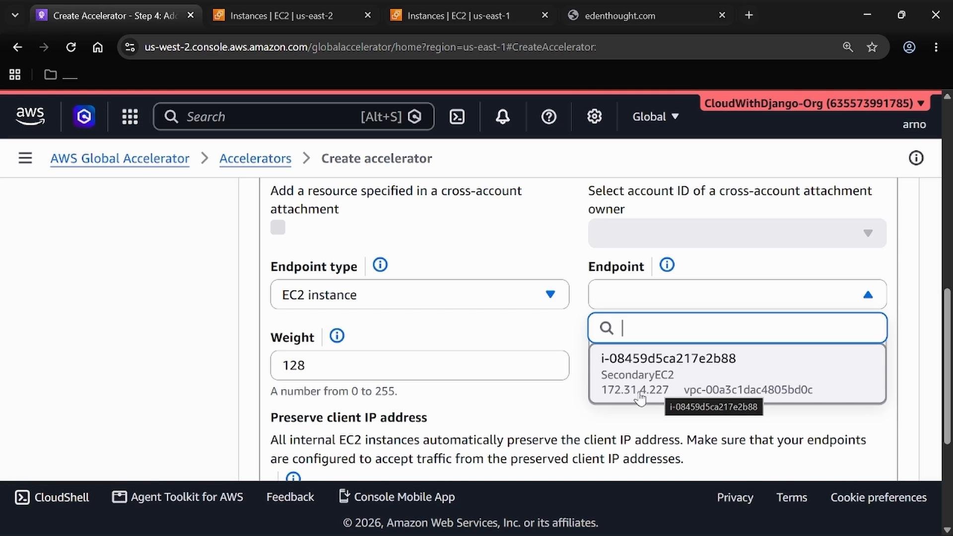 A screenshot of the AWS Global Accelerator "Create accelerator" console showing the form with Endpoint type set to "EC2 instance" and an EC2 instance ID selected from a dropdown. The weight field is set to 128 and explanatory text about preserving client IP addresses is visible.