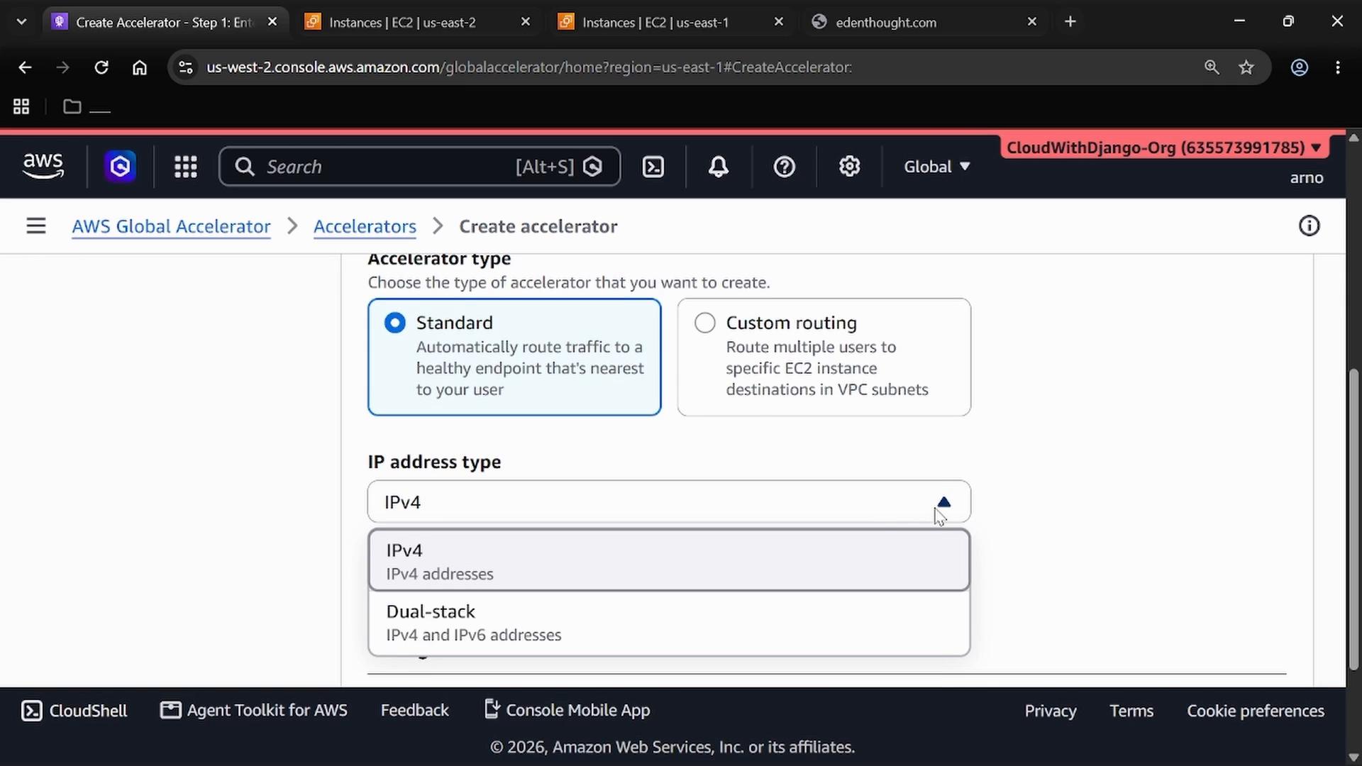 A screenshot of the AWS Global Accelerator "Create accelerator" page showing options to choose an accelerator type (Standard or Custom routing) and an IP address type dropdown with IPv4 and Dual-stack selections. The Standard option is selected and the IP address dropdown is open.