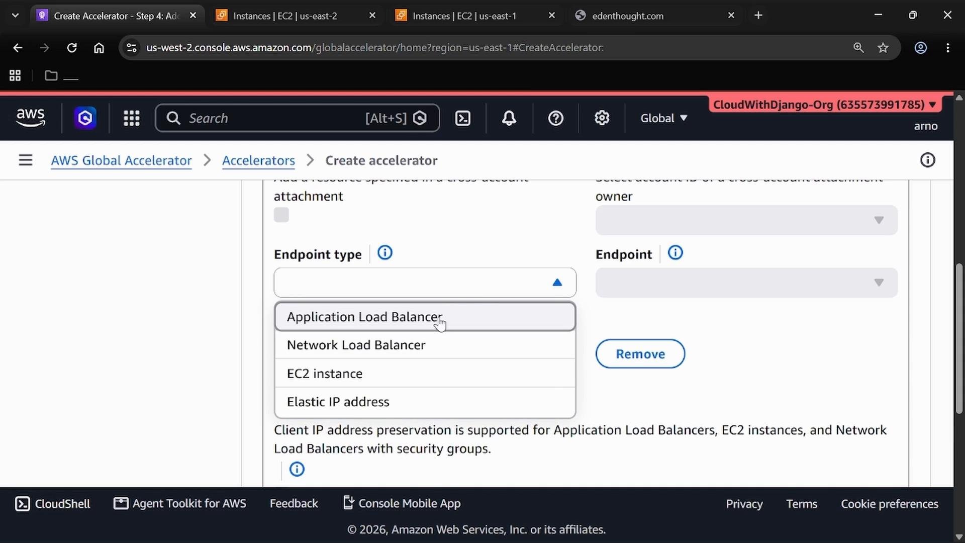 A screenshot of the AWS Global Accelerator "Create accelerator" console showing an "Endpoint type" dropdown with options like Application Load Balancer, Network Load Balancer, EC2 instance, and Elastic IP. The browser UI and AWS navigation/header are visible at the top.