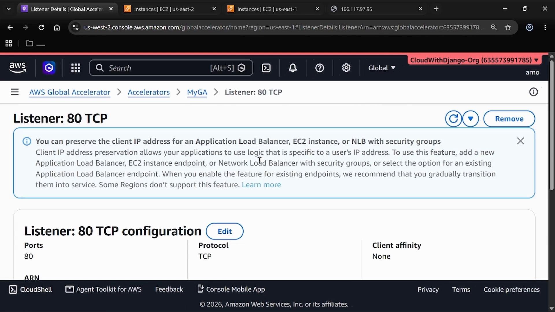 A screenshot of the AWS Management Console showing an AWS Global Accelerator "Listener: 80 TCP" details page, including a notice about preserving client IP addresses and the listener configuration (port 80, protocol TCP).