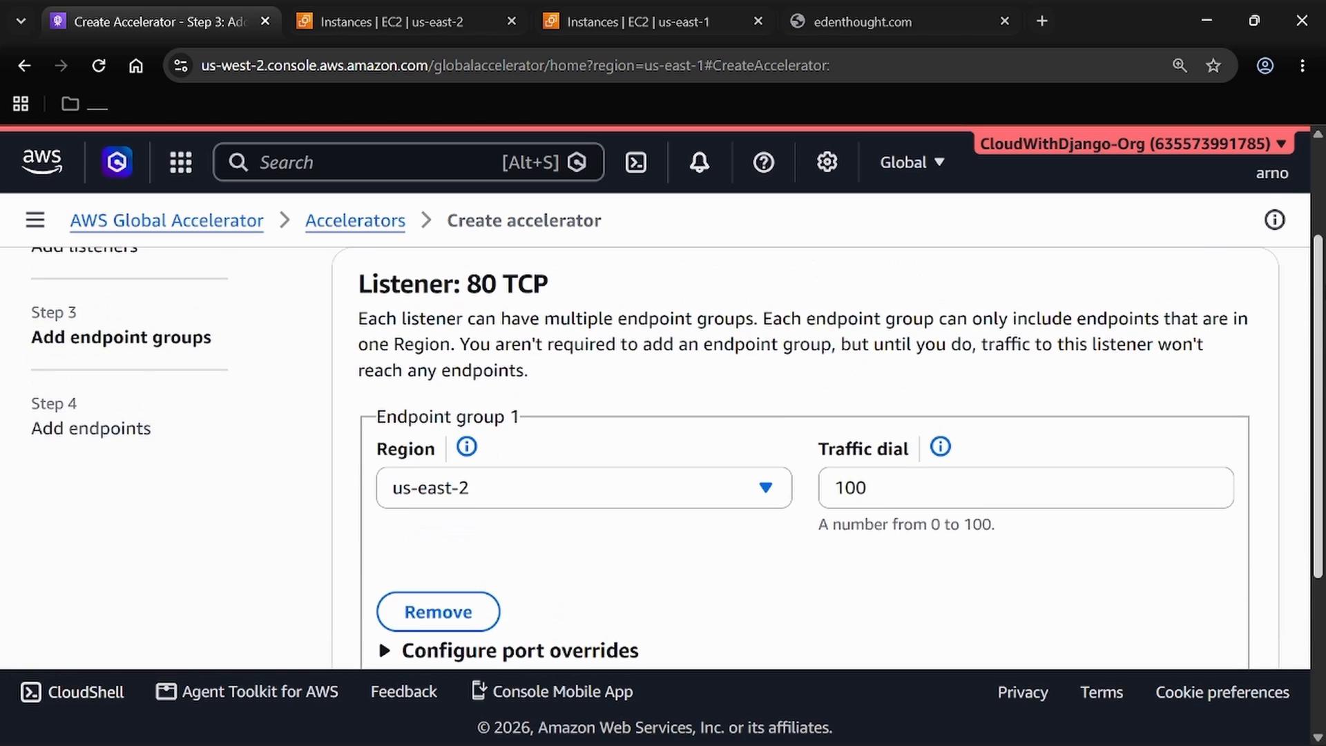 A screenshot of the AWS Global Accelerator console on the "Create accelerator" page showing a Listener configured for port 80 TCP. The endpoint group is set to region us-east-2 with a traffic dial of 100.