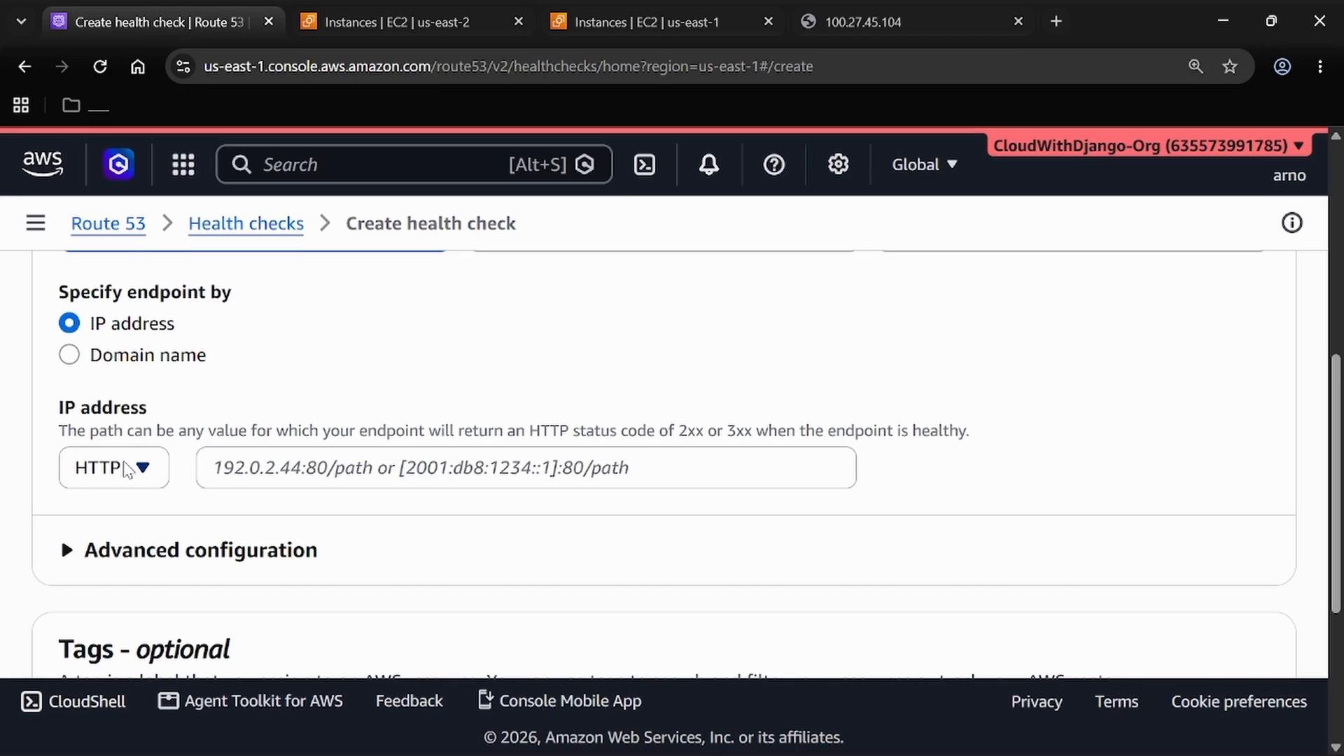 A screenshot of the AWS Route 53 "Create health check" page showing the option to specify an endpoint by IP address (HTTP) with an example address "192.0.2.44:80/path". The browser header and AWS navigation tabs are visible at the top.