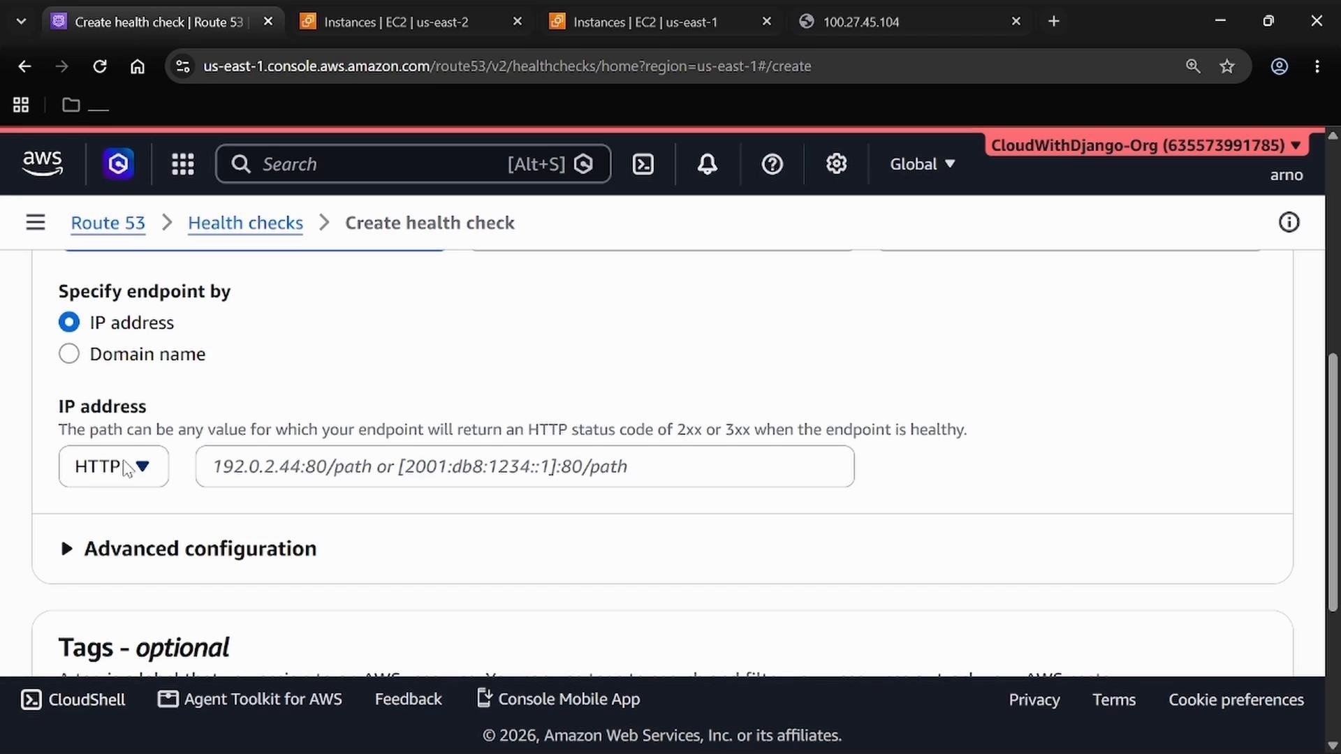 A screenshot of the AWS Route 53 "Create health check" page showing the option to specify an endpoint by IP address (HTTP) with an example address "192.0.2.44:80/path". The browser header and AWS navigation tabs are visible at the top.