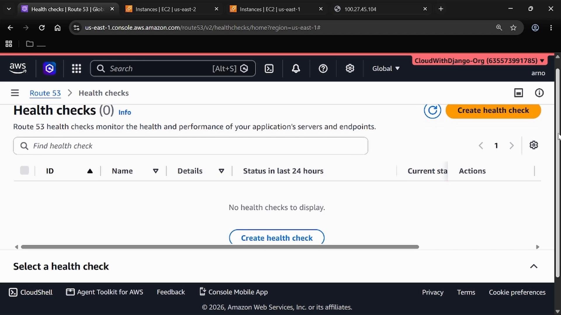 A screenshot of the AWS Route 53 "Health checks" console showing no health checks listed and a prominent "Create health check" button. The page displays a search box, table headers (ID, Name, Details, Status), and navigation/header elements.