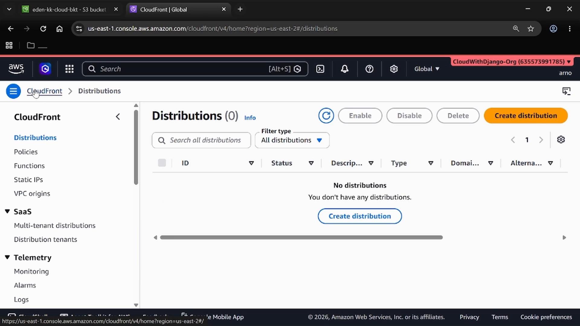 A screenshot of the AWS CloudFront console on the Distributions page showing "No distributions" (0) and a prominent "Create distribution" button. The left navigation lists CloudFront sections like Distributions, Policies, Functions, Static IPs, and VPC origins.