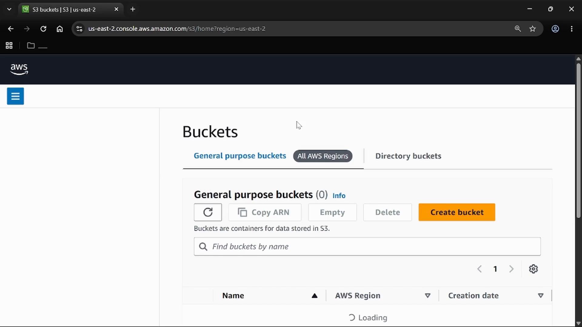 A screenshot of the AWS S3 console showing the "Buckets" page with no general-purpose buckets listed and buttons like "Create bucket," "Copy ARN," and a search field. The page is in the us-east-2 region as seen in the browser address bar.