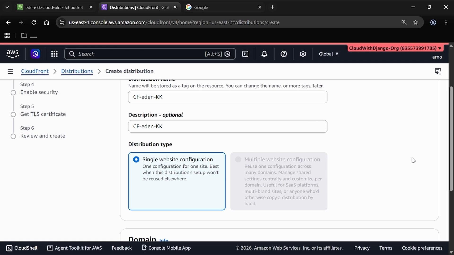 A screenshot of the AWS CloudFront "Create distribution" console showing a distribution named "CF-eden-KK" with the "Single website configuration" option selected. The left sidebar lists steps like Enable security, Get TLS certificate, and Review and create.