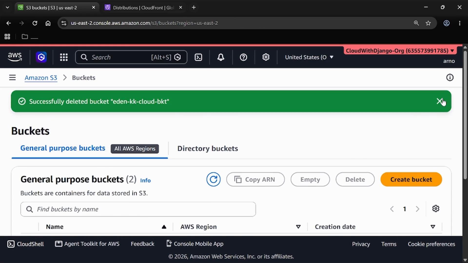 A screenshot of the AWS S3 console showing the Buckets page with a green success banner that says "Successfully deleted bucket 'eden-kk-cloud-bkt'." The page shows the "General purpose buckets" section and buttons like Create bucket, Delete, and Copy ARN.