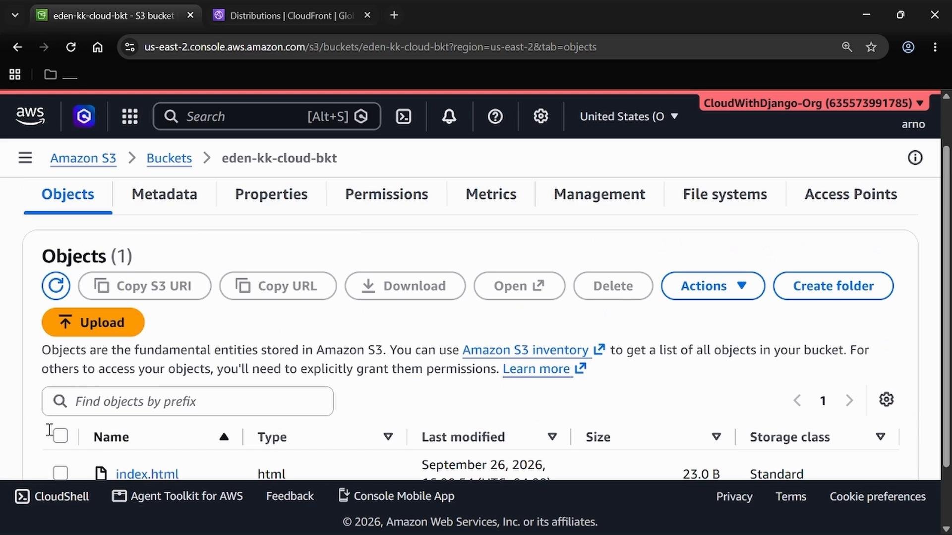 A screenshot of the AWS S3 console open to the "eden-kk-cloud-bkt" bucket's Objects tab, showing controls like Upload, Copy URL, Download, Actions, and Create folder. The list area shows one object (index.html) and the AWS navigation/header at the top.