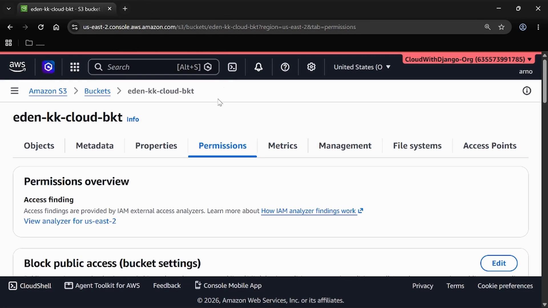 A screenshot of the AWS S3 console showing the "eden-kk-cloud-bkt" bucket with the Permissions tab open, displaying a "Permissions overview" section and block public access settings.
