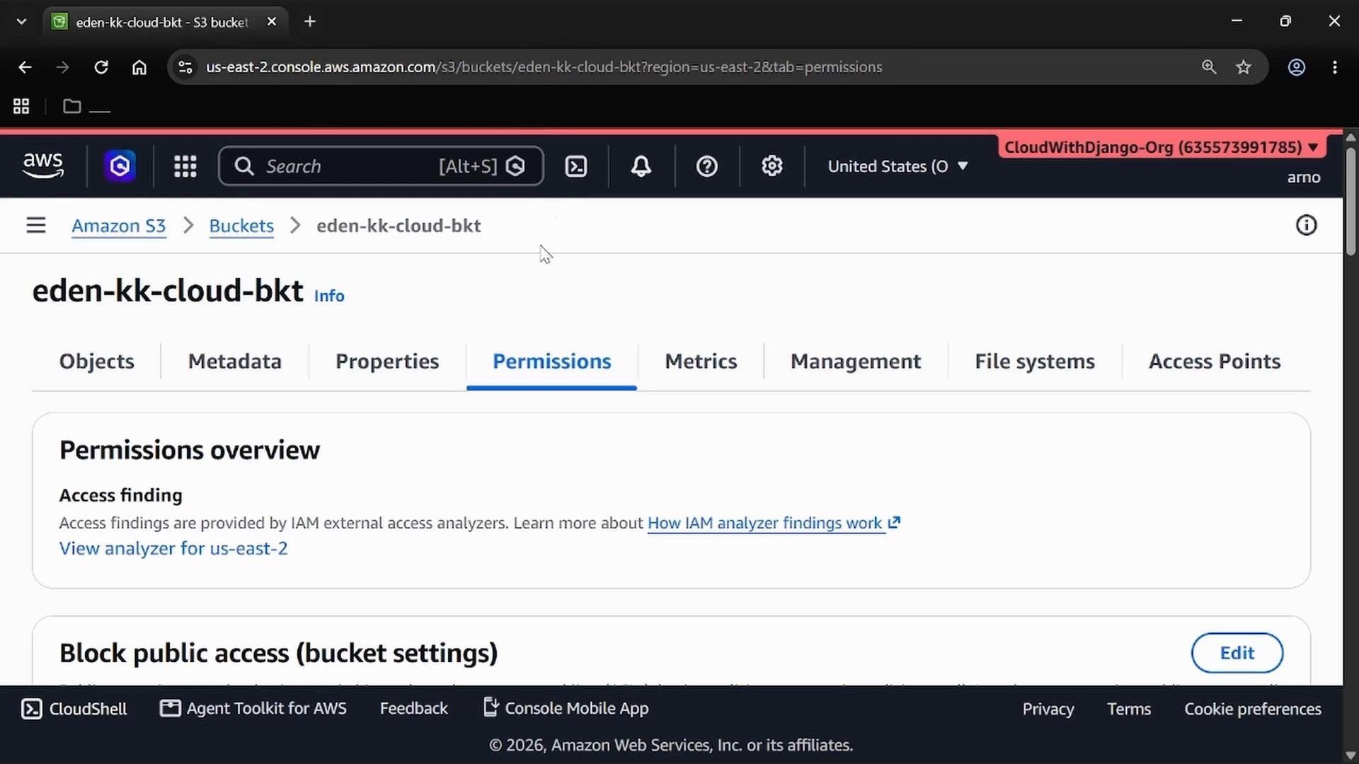 A screenshot of the AWS S3 console showing the "eden-kk-cloud-bkt" bucket with the Permissions tab open, displaying a "Permissions overview" section and block public access settings.