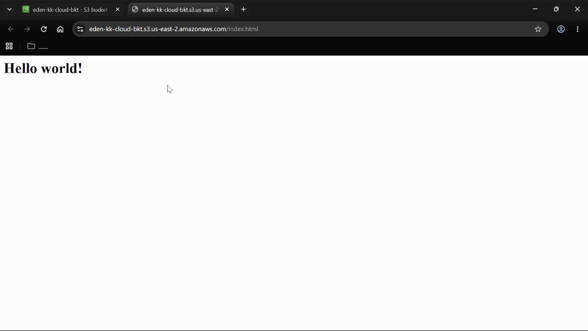 A browser window showing a simple webpage that displays "Hello world!" in large text on a mostly blank white page. The address bar indicates the page is hosted from an Amazon S3 bucket URL.