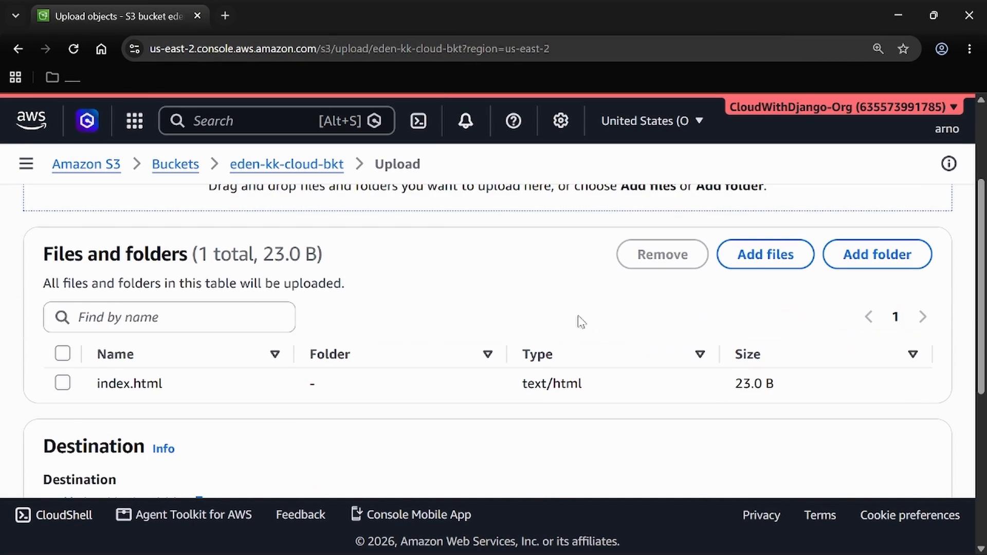A screenshot of the Amazon S3 upload page for a bucket showing the "Files and folders" pane with one file listed (index.html, 23.0 B) and Add files/Add folder buttons.