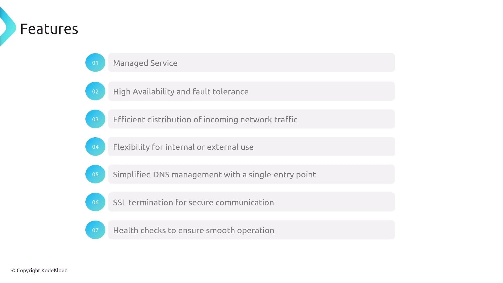 A presentation slide titled "Features" showing a numbered list of benefits (Managed Service; High availability and fault tolerance; Efficient distribution of incoming network traffic; Flexibility for internal or external use; Simplified DNS management; SSL termination; Health checks) with teal numbered circles and gray rounded text bars. Copyright KodeKloud is shown at the bottom.