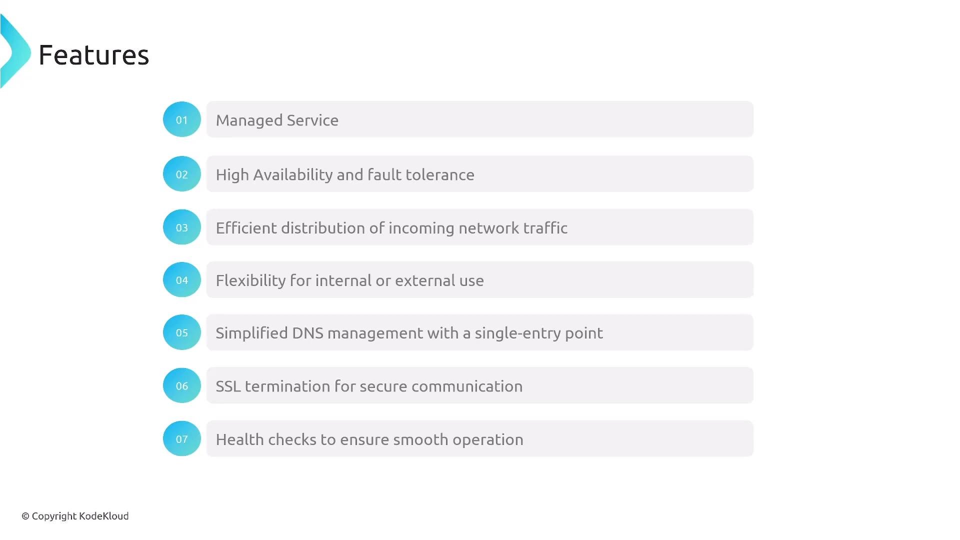 A presentation slide titled "Features" showing a numbered list of benefits (Managed Service; High availability and fault tolerance; Efficient distribution of incoming network traffic; Flexibility for internal or external use; Simplified DNS management; SSL termination; Health checks) with teal numbered circles and gray rounded text bars. Copyright KodeKloud is shown at the bottom.