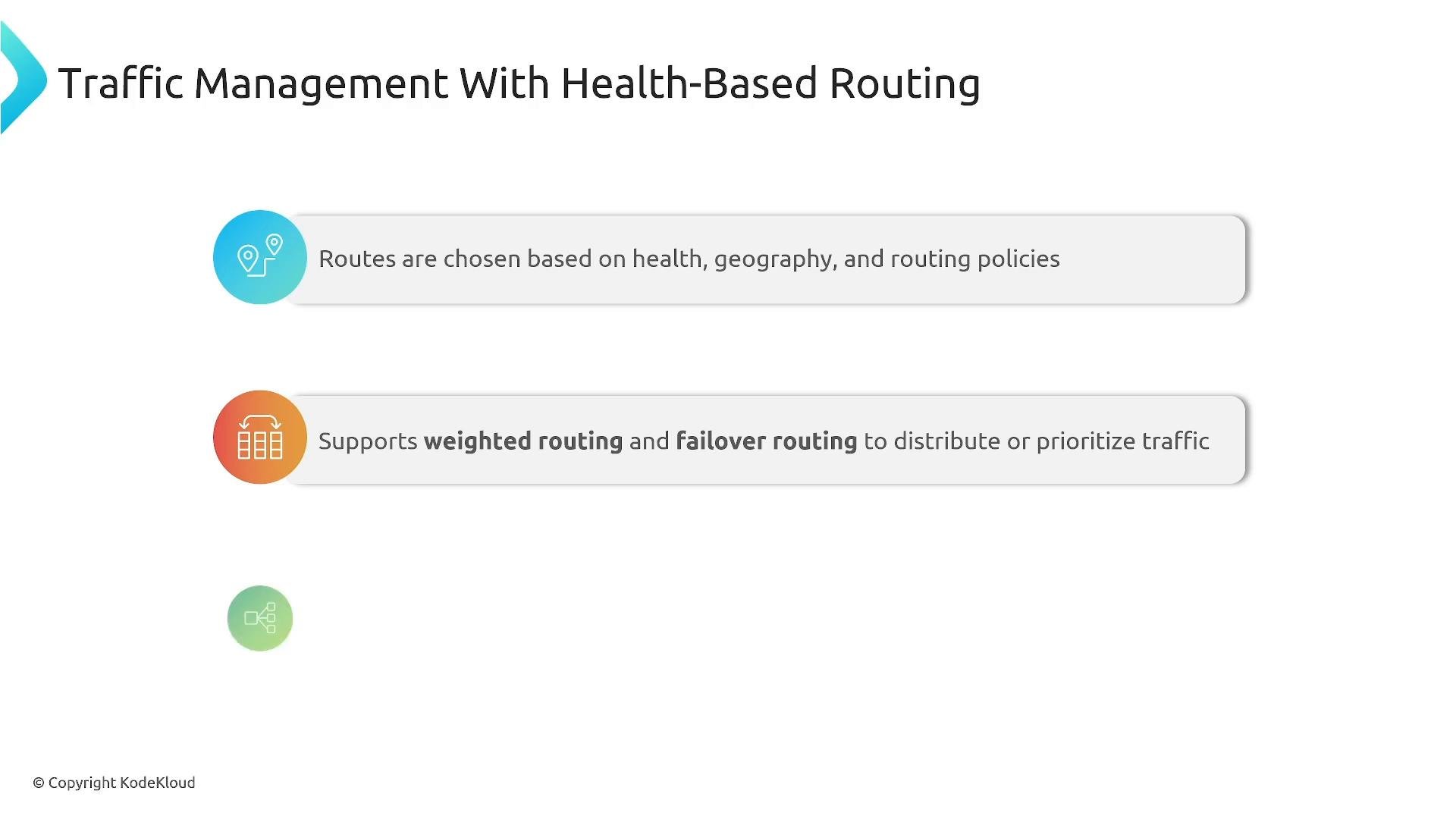 A presentation slide titled "Traffic Management With Health-Based Routing." It lists that routes are chosen based on health, geography and routing policies, and that weighted and failover routing are supported to distribute or prioritize traffic.