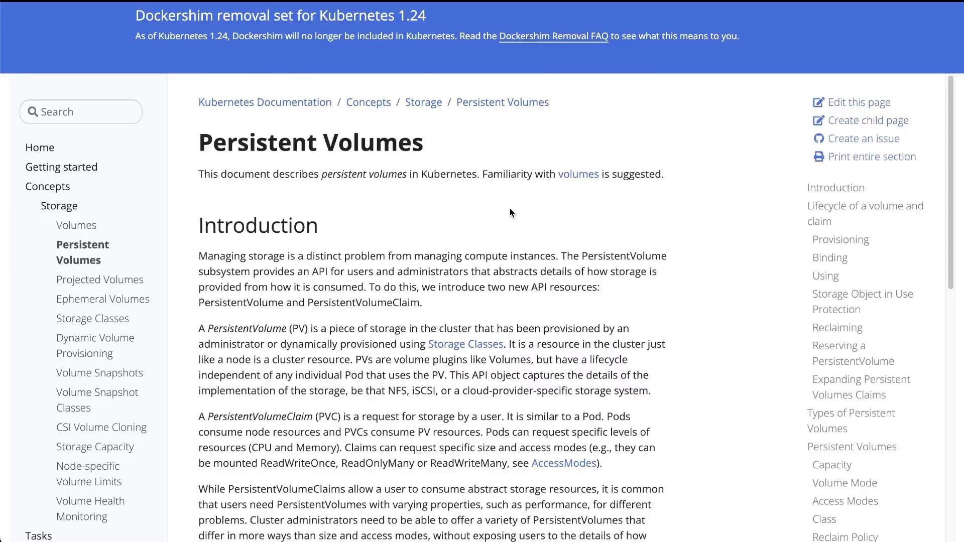 A screenshot of the Kubernetes documentation webpage titled "Persistent Volumes," showing the article content and an introduction about persistent volumes. The page includes a left navigation menu, a right sidebar of links, and a blue banner about Dockershim removal.
