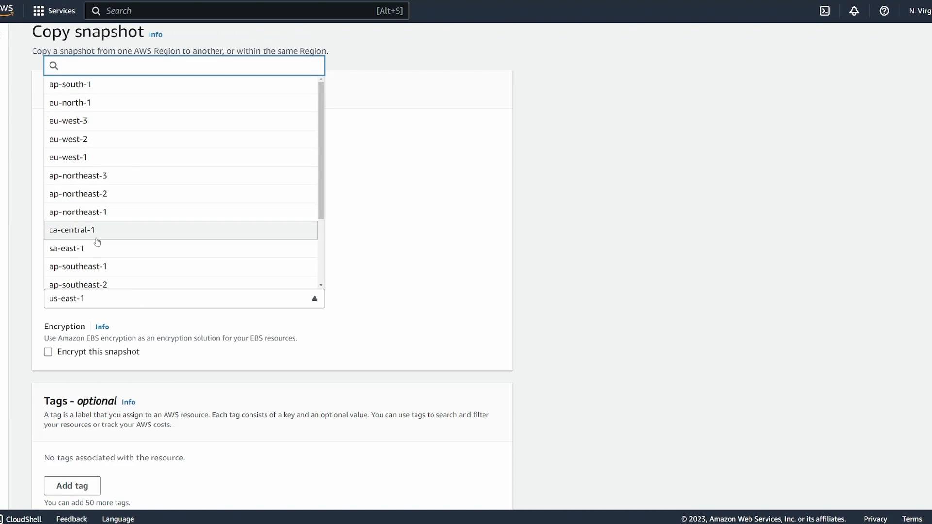 A screenshot of the Amazon Web Services "Copy snapshot" page showing a dropdown list of AWS regions (with ca-central-1 highlighted) plus options for encryption and tags.