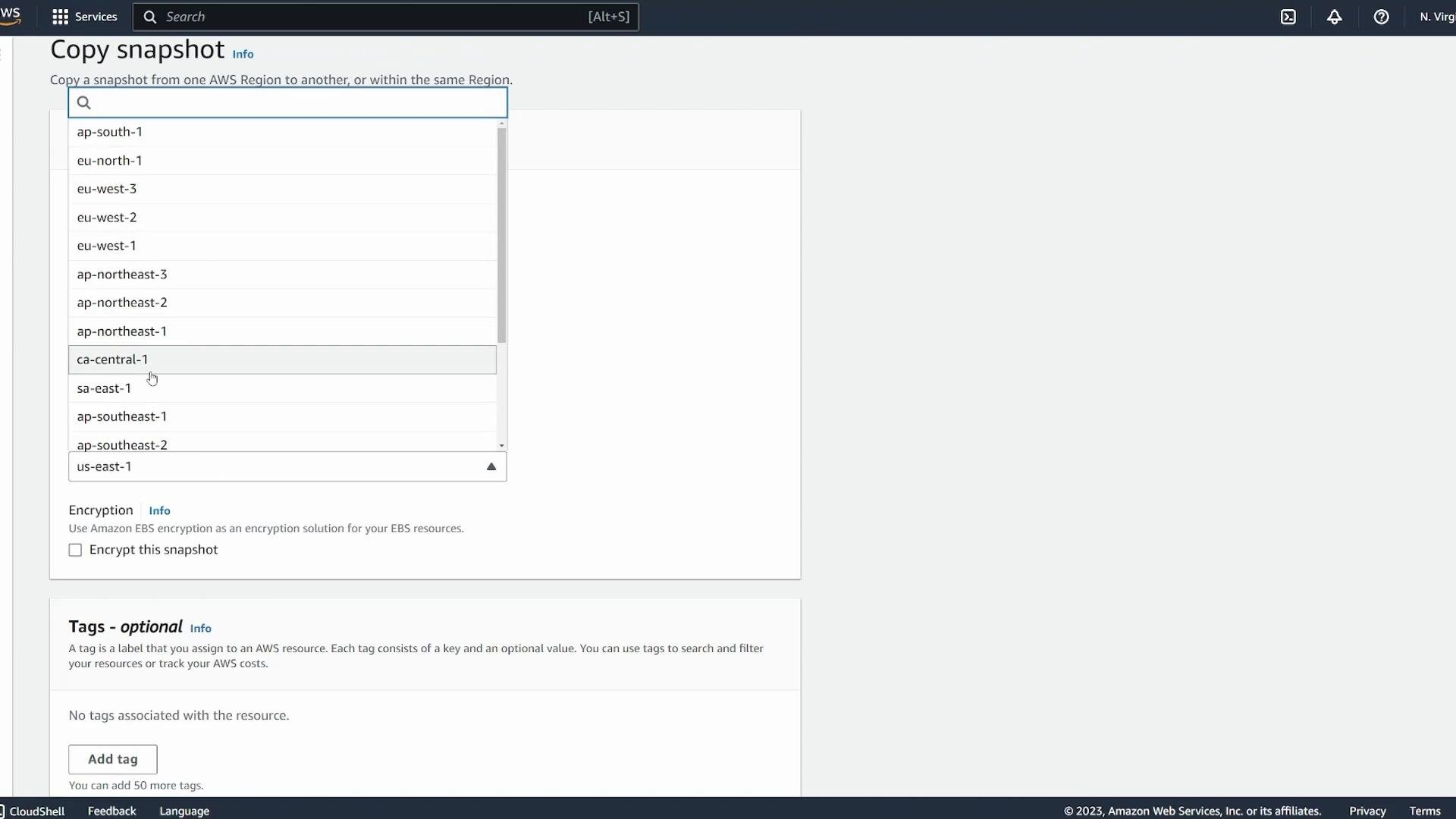 A screenshot of the Amazon Web Services "Copy snapshot" page showing a dropdown list of AWS regions (with ca-central-1 highlighted) plus options for encryption and tags.