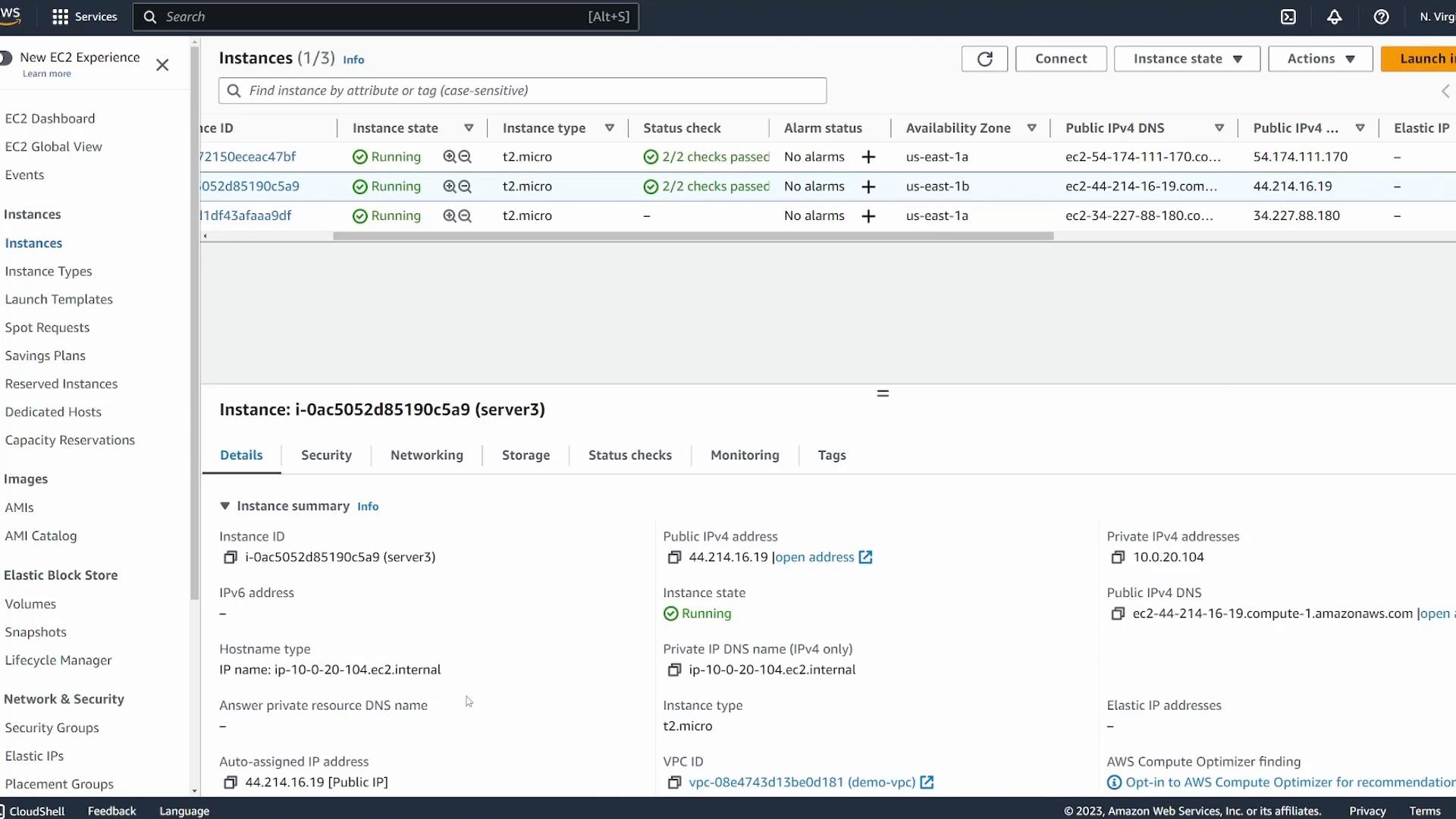 A screenshot of the Amazon Web Services EC2 console showing a list of EC2 instances (three t2.micro instances marked Running). The lower details pane displays information for instance i-0ac5052d85190c5a9, including its public and private IPv4 addresses.