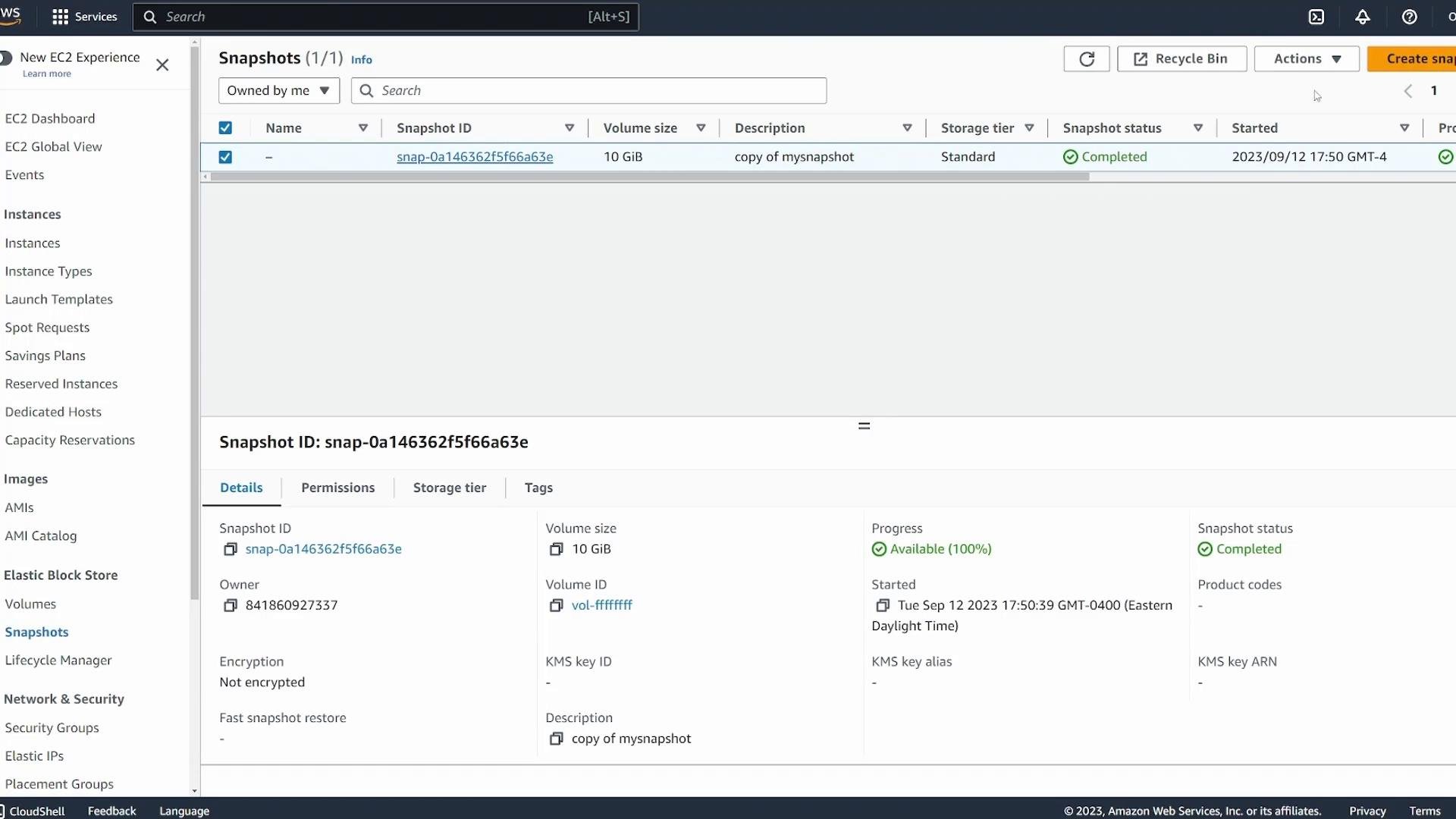 A screenshot of the AWS EC2 console showing the Snapshots page with a 10 GiB snapshot (snap-0a146362f5f66a63e) marked Completed. The details pane shows metadata like owner, volume ID, and the description "copy of mysnapshot."