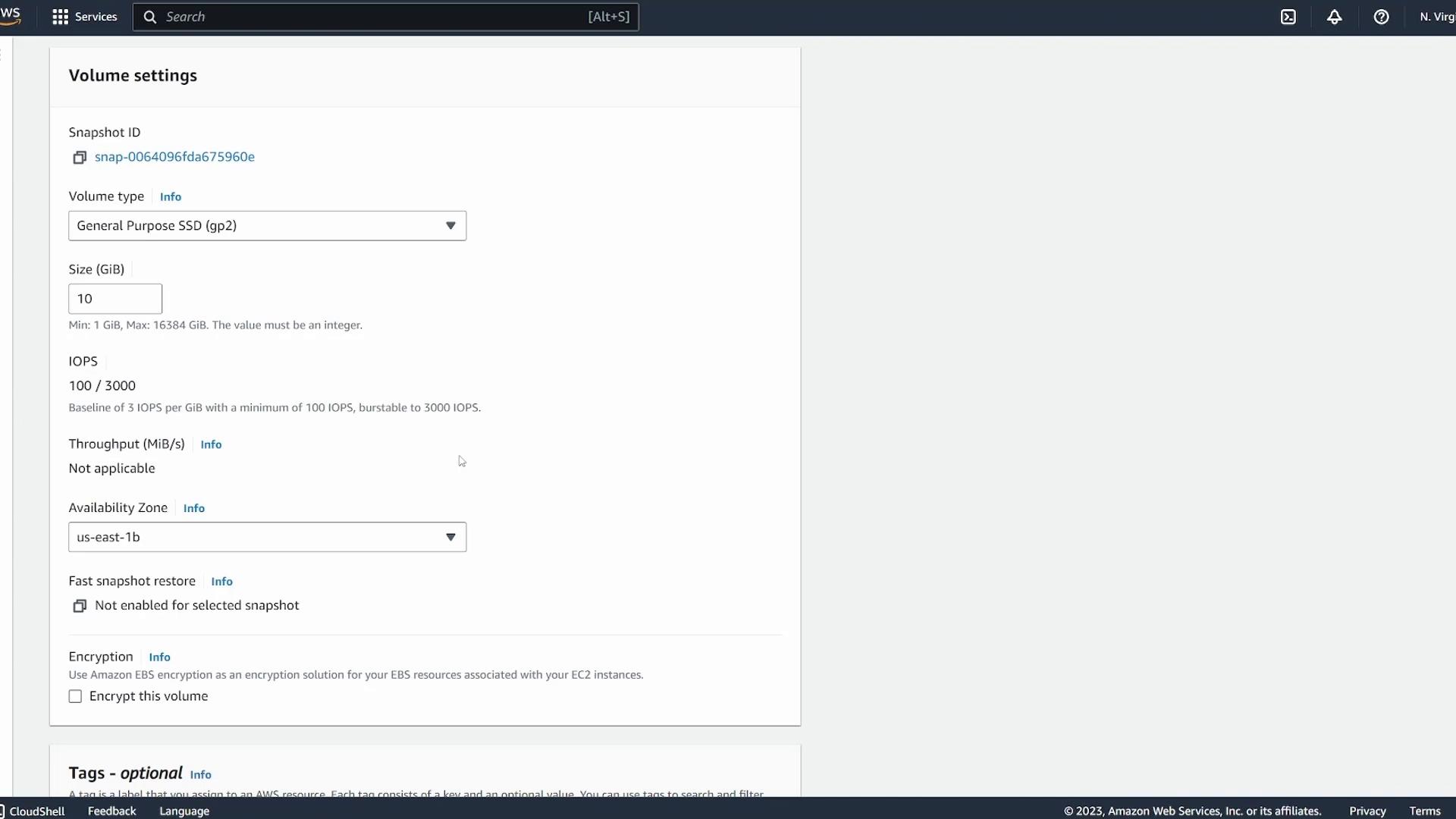 A screenshot of the AWS console showing the EBS "Volume settings" page. It lists a General Purpose SSD (gp2) volume with size 10 GiB, IOPS 100/3000, and availability zone us-east-1b.