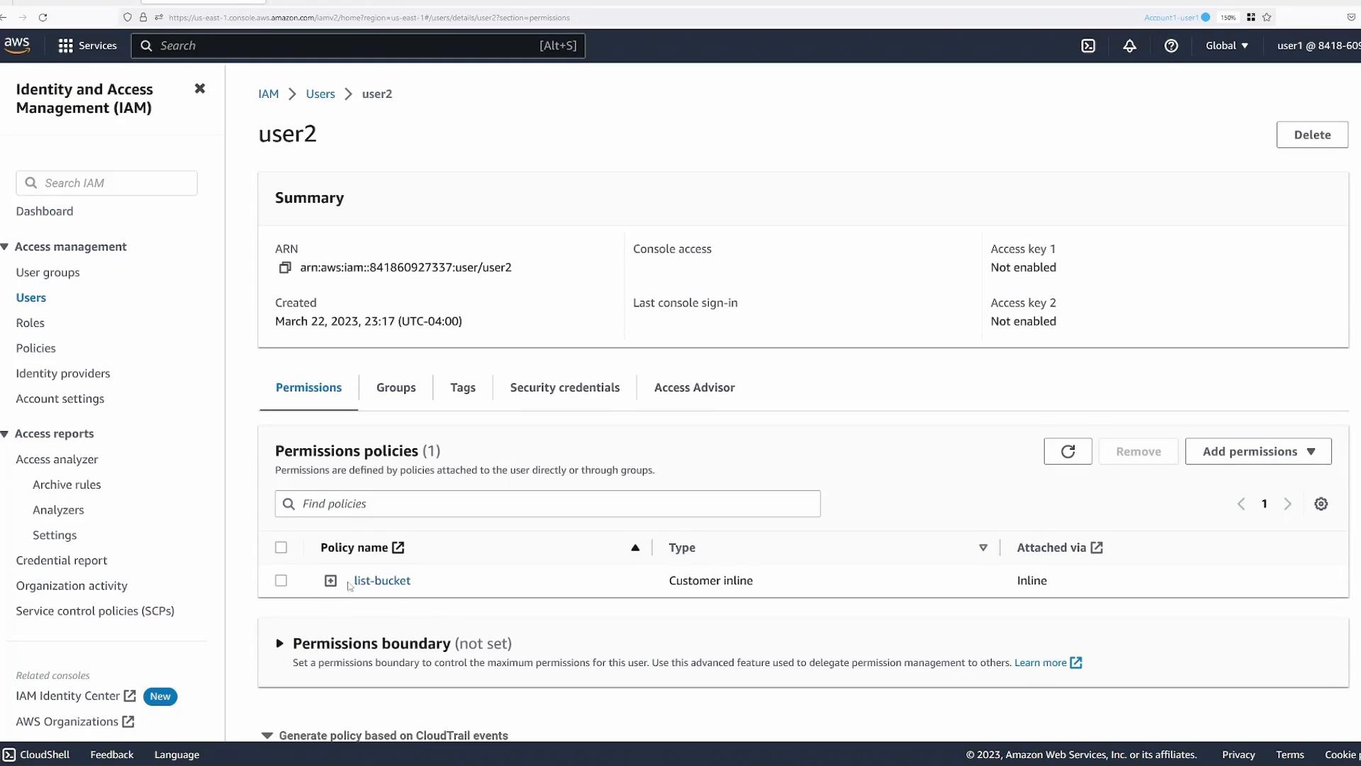 A screenshot of the AWS Identity and Access Management (IAM) console showing the details for a user named "user2," including the ARN, creation date, and that console/access keys are not enabled. The Permissions tab is open and shows a customer inline policy called "list-bucket."