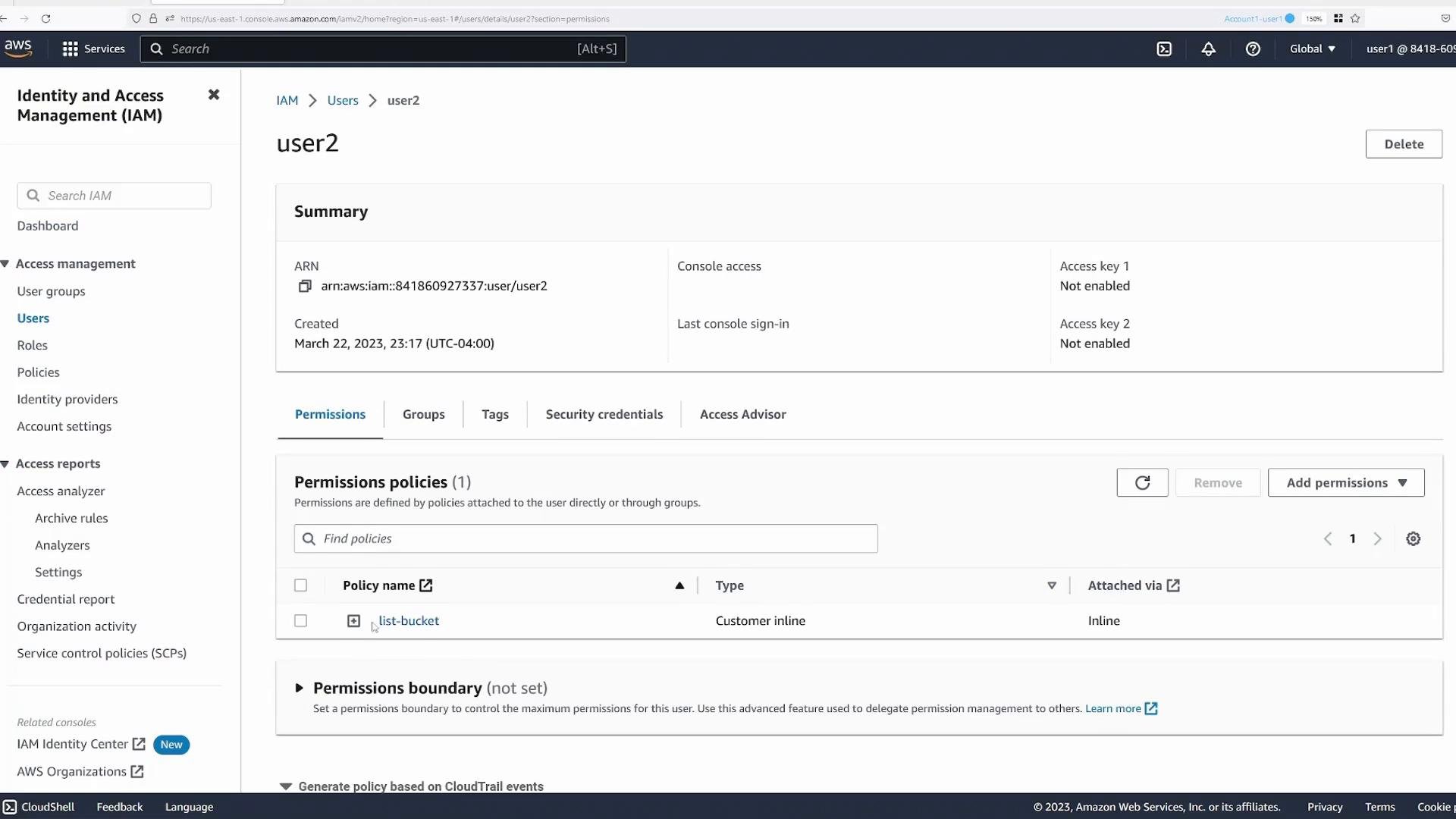 A screenshot of the AWS Identity and Access Management (IAM) console showing the details for a user named "user2," including the ARN, creation date, and that console/access keys are not enabled. The Permissions tab is open and shows a customer inline policy called "list-bucket."