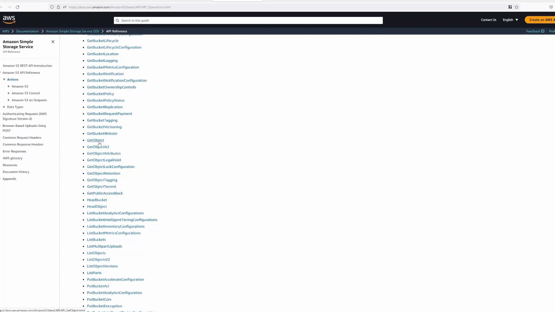 A screenshot of the AWS documentation site showing the Amazon Simple Storage Service (S3) API Reference, with a left navigation menu and a long list of S3 operations (GetBucket*, GetObject, ListBuckets, etc.) in the main content area.