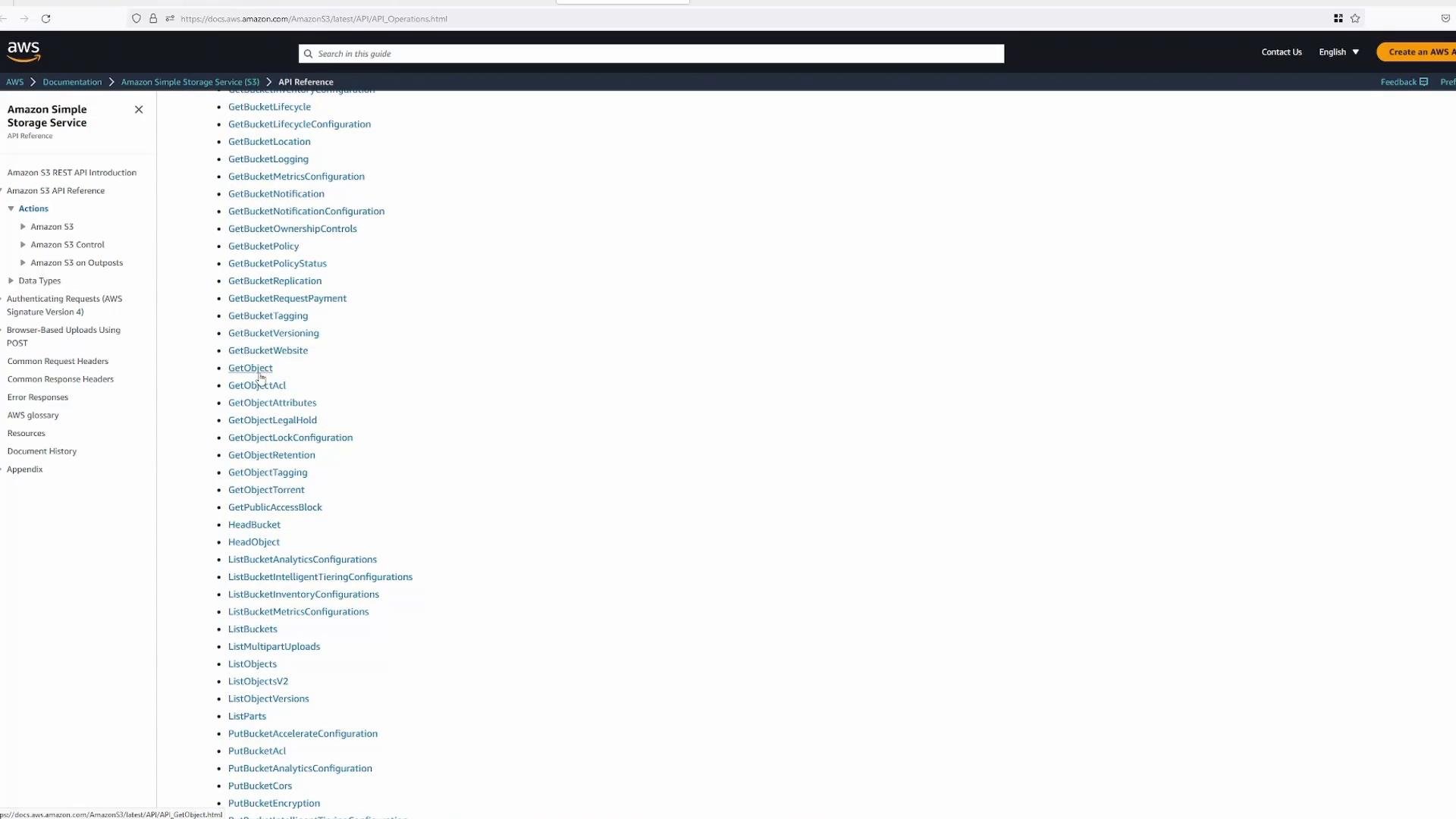 A screenshot of the AWS documentation site showing the Amazon Simple Storage Service (S3) API Reference, with a left navigation menu and a long list of S3 operations (GetBucket*, GetObject, ListBuckets, etc.) in the main content area.