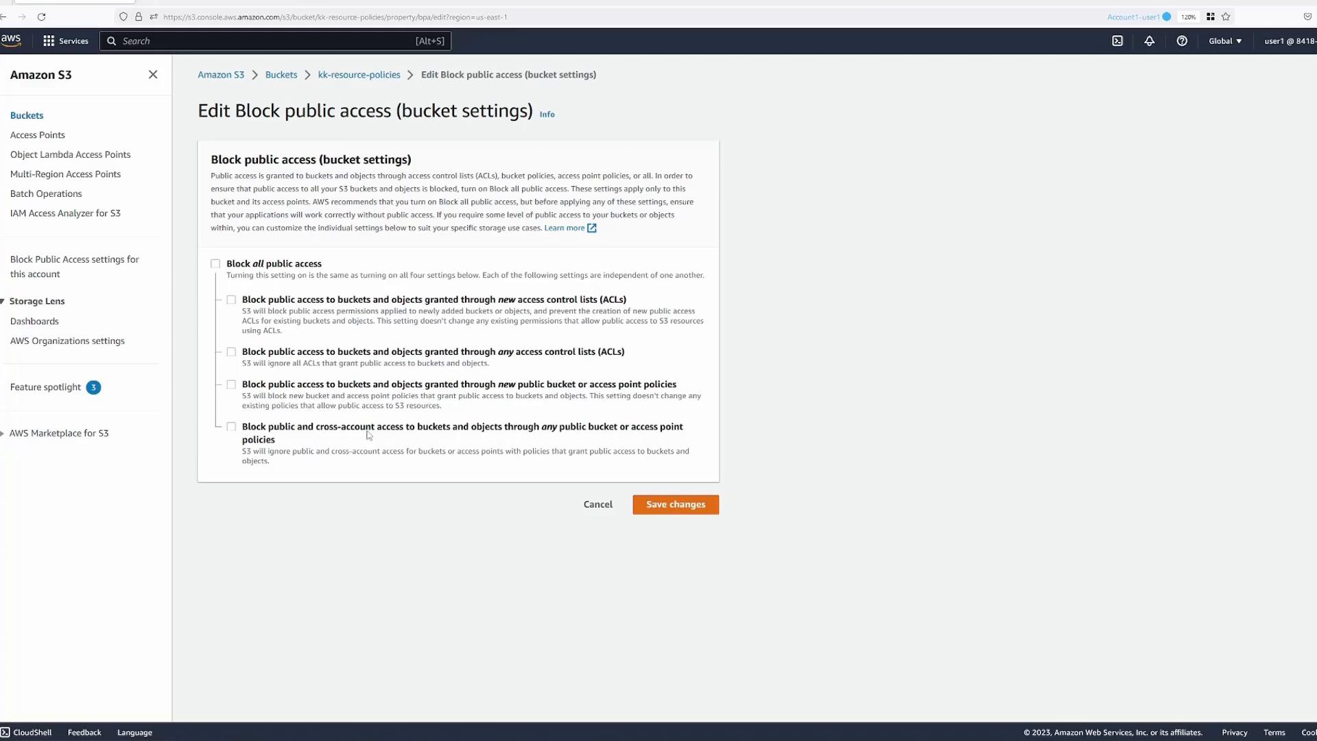 A screenshot of the Amazon S3 console showing the "Edit Block public access (bucket settings)" page with checkboxes for various block-public-access options. The panel includes descriptions of each setting and a "Save changes" button at the bottom.
