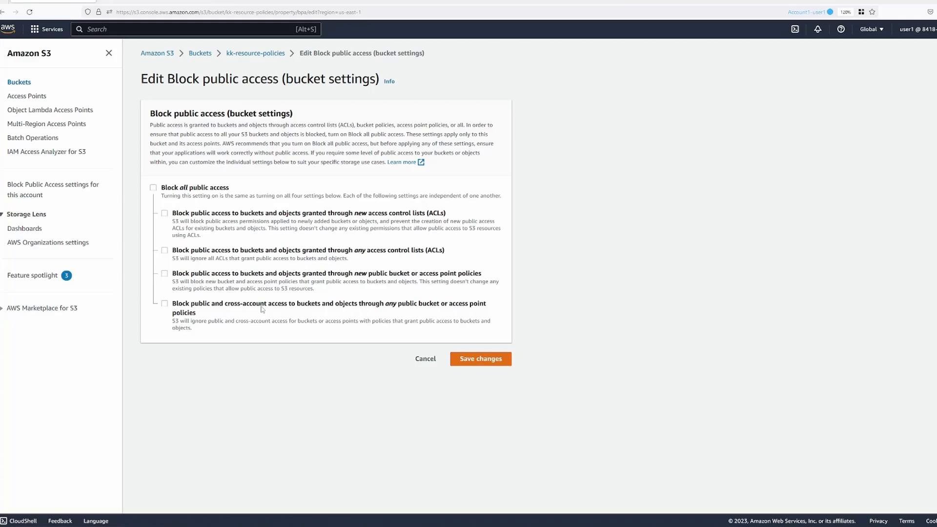A screenshot of the Amazon S3 console showing the "Edit Block public access (bucket settings)" page with checkboxes for various block-public-access options. The panel includes descriptions of each setting and a "Save changes" button at the bottom.