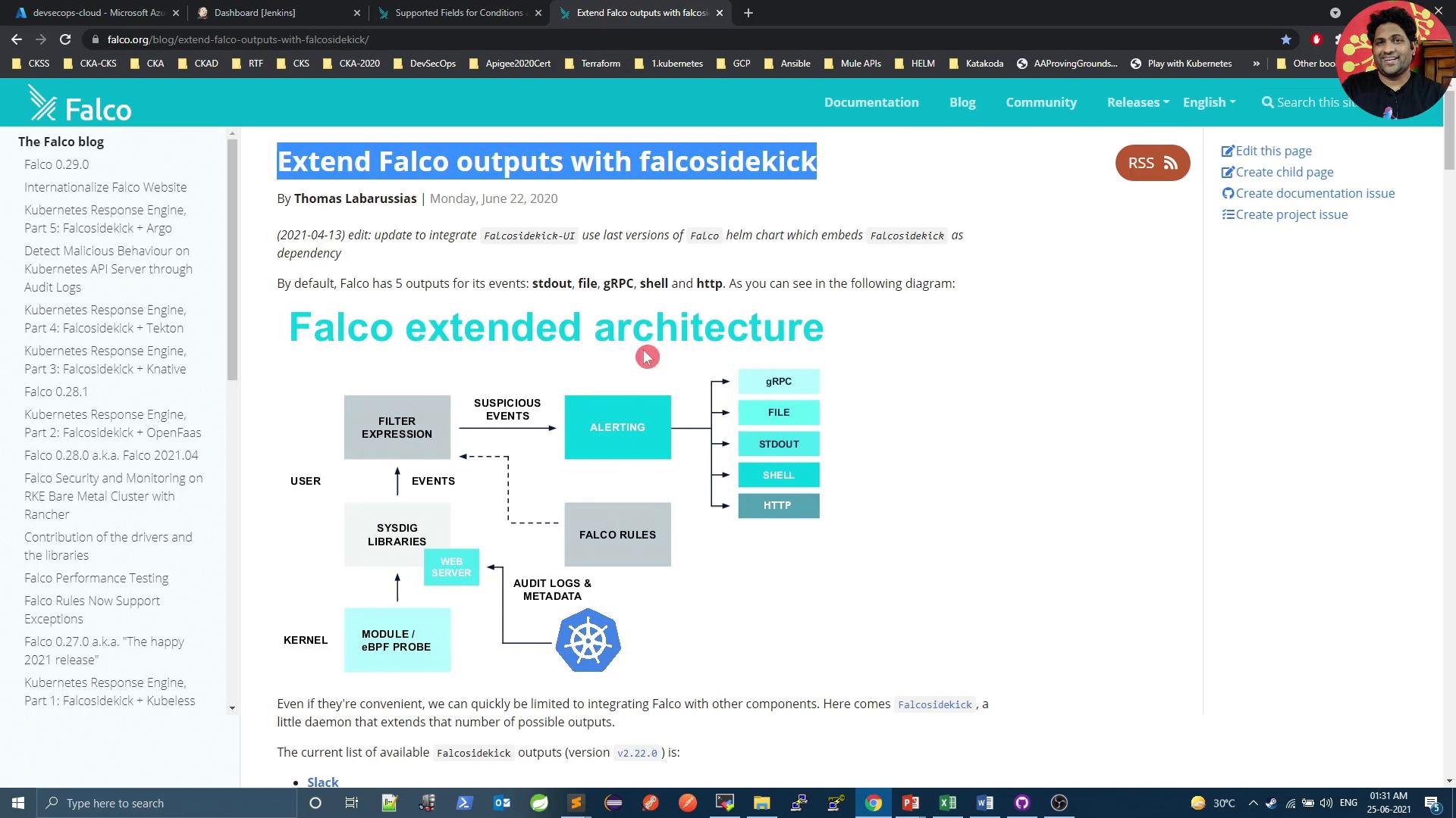 A screenshot of a Falco blog post titled "Extend Falco outputs with falcosidekick," showing the article header, a diagram labeled "Falco extended architecture," and site navigation/sidebar. The page also includes edit links on the right and a small circular profile photo in the top-right corner.