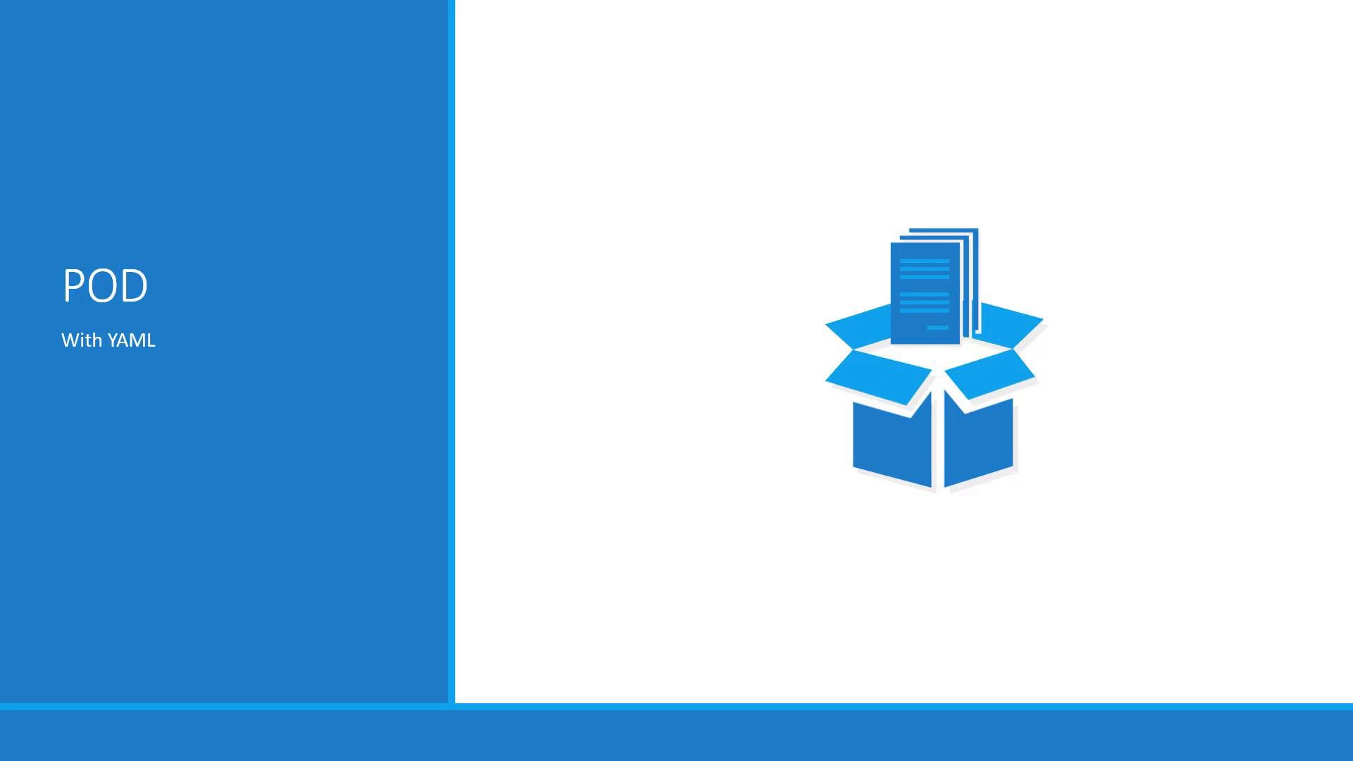 A slide with a blue left pane reading "POD" and "With YAML." On the right is a blue open box icon with stacked documents coming out of it.