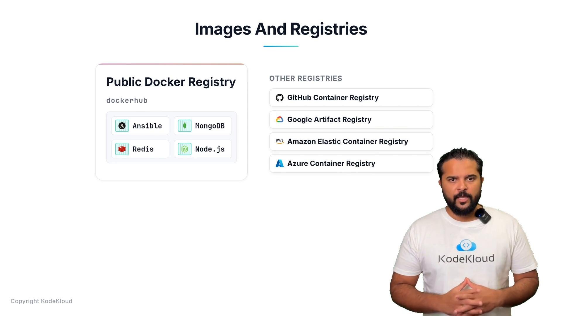 A slide titled "Images And Registries" showing a Public Docker Registry panel (Ansible, MongoDB, Redis, Node.js) and a list of other registries (GitHub, Google Artifact, AWS ECR, Azure). A presenter wearing a KodeKloud t-shirt stands on the right.
